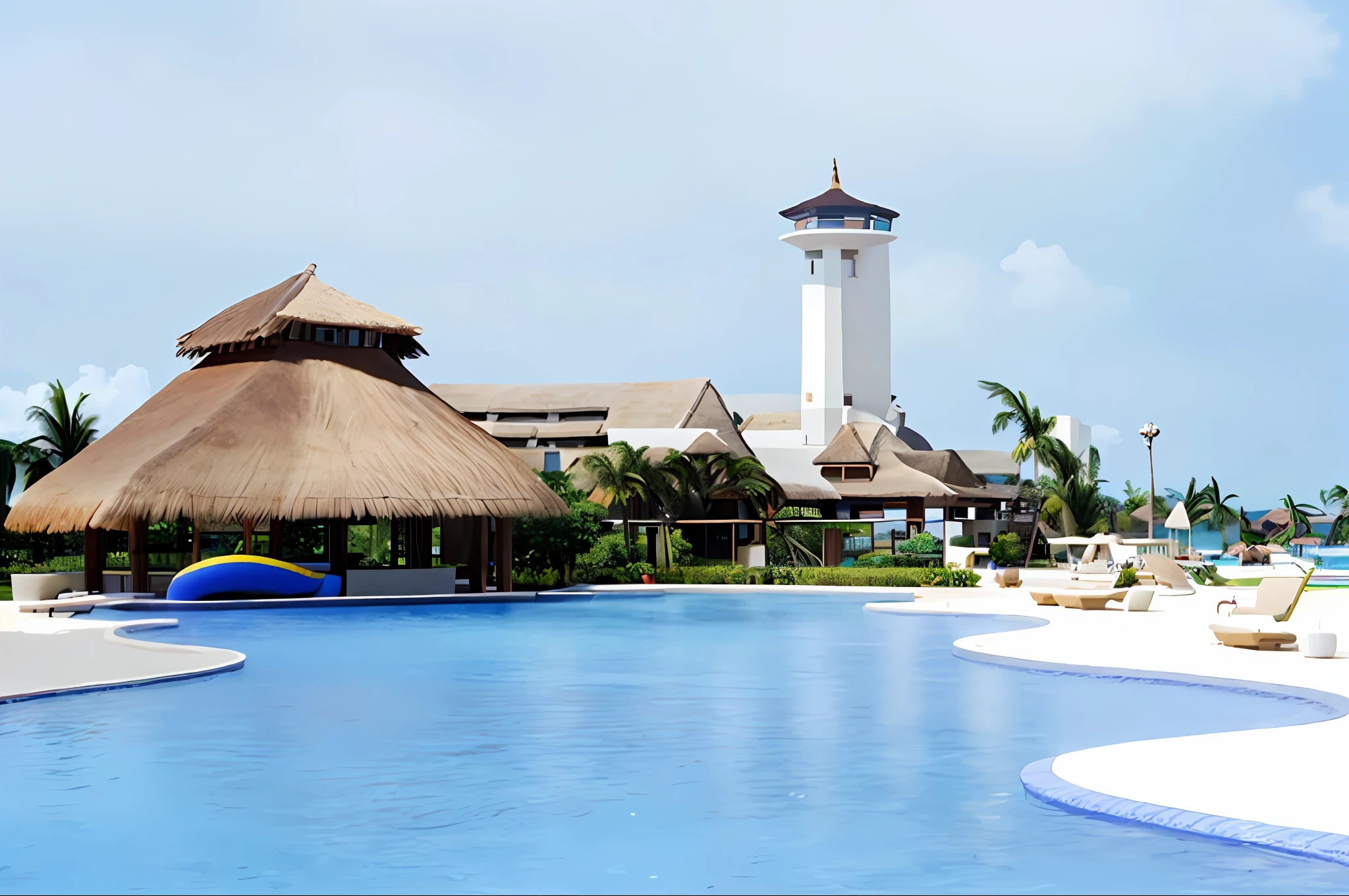 there is a large pool with a thatched roof and a blue water slide, paradise in the background, barcelo tomas, recreation, resort, paradise, poolside, hotel, terminal, tourist destination, vacation, masterpiece', travel, video, realistic », helipad, mixed art, family friendly, sun coast, wide-shot, wide - shot, lagoon