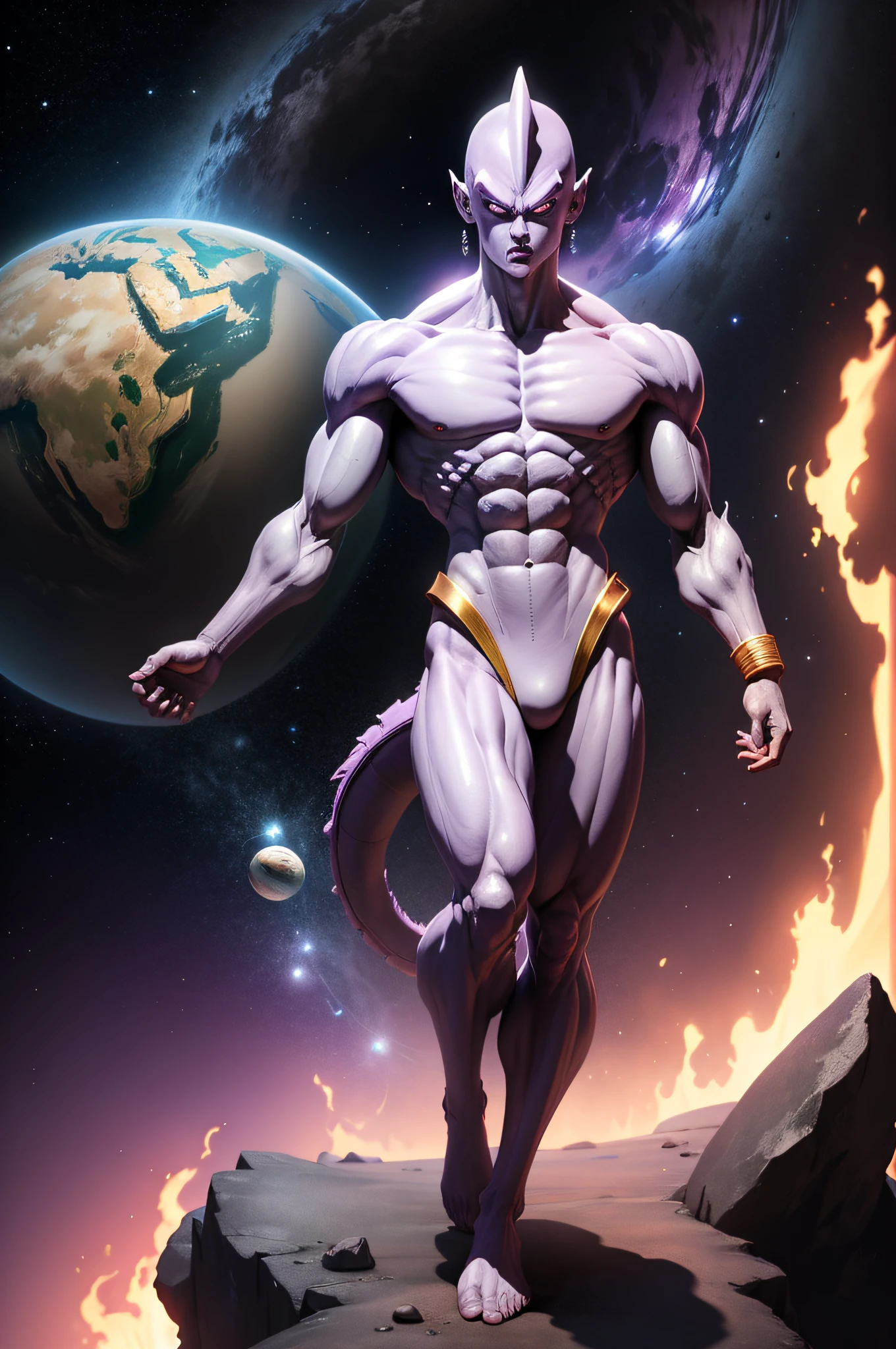 masterpiece, cinematic, 8k, dragon ball z frieza, 1boy, earth, full body, looking at viewer, male focus, tail, planet, solo, space