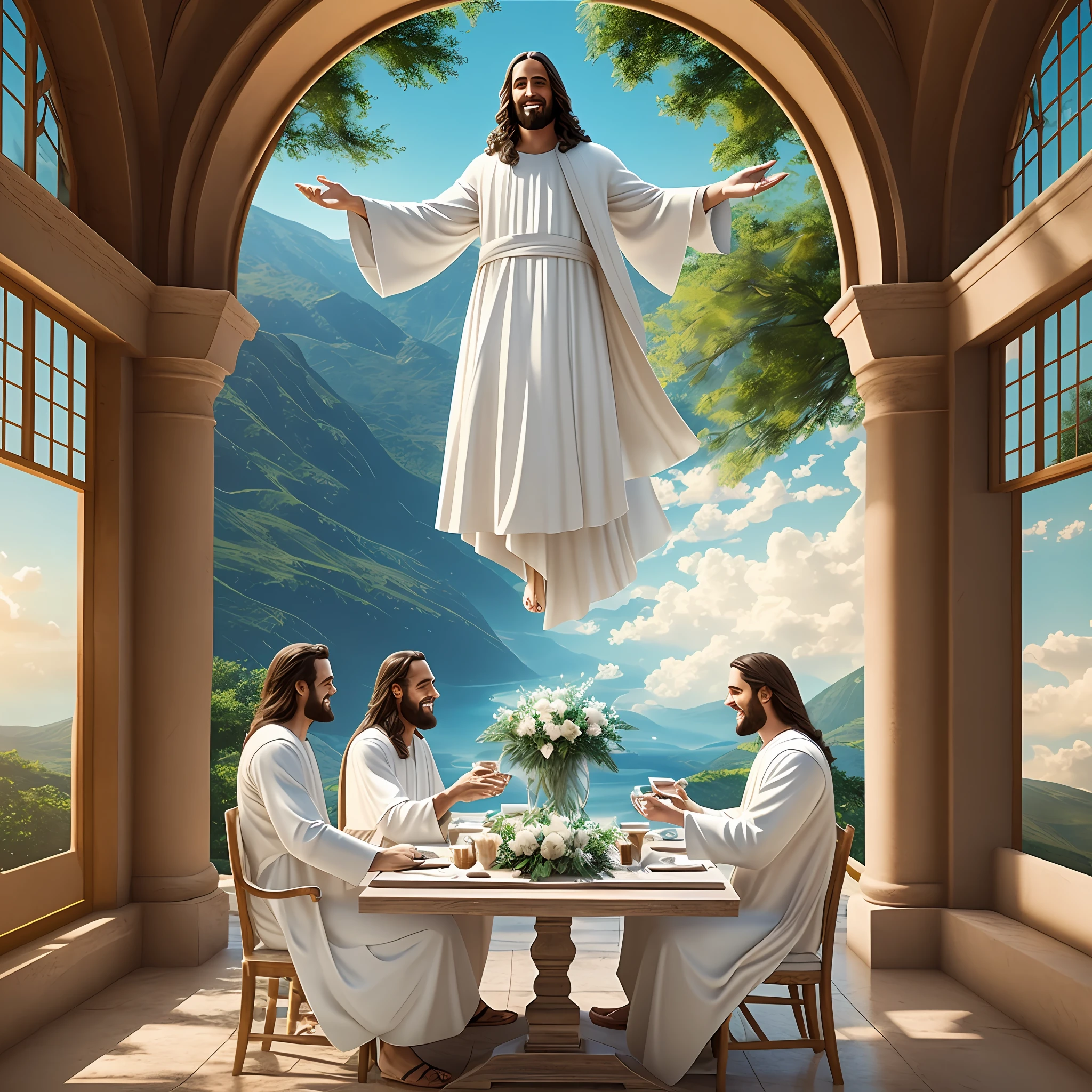 create a meeting in heaven, in paradise, between, Jesus dressed in white, and the saved smiling, 4k, cinematic --auto --s2