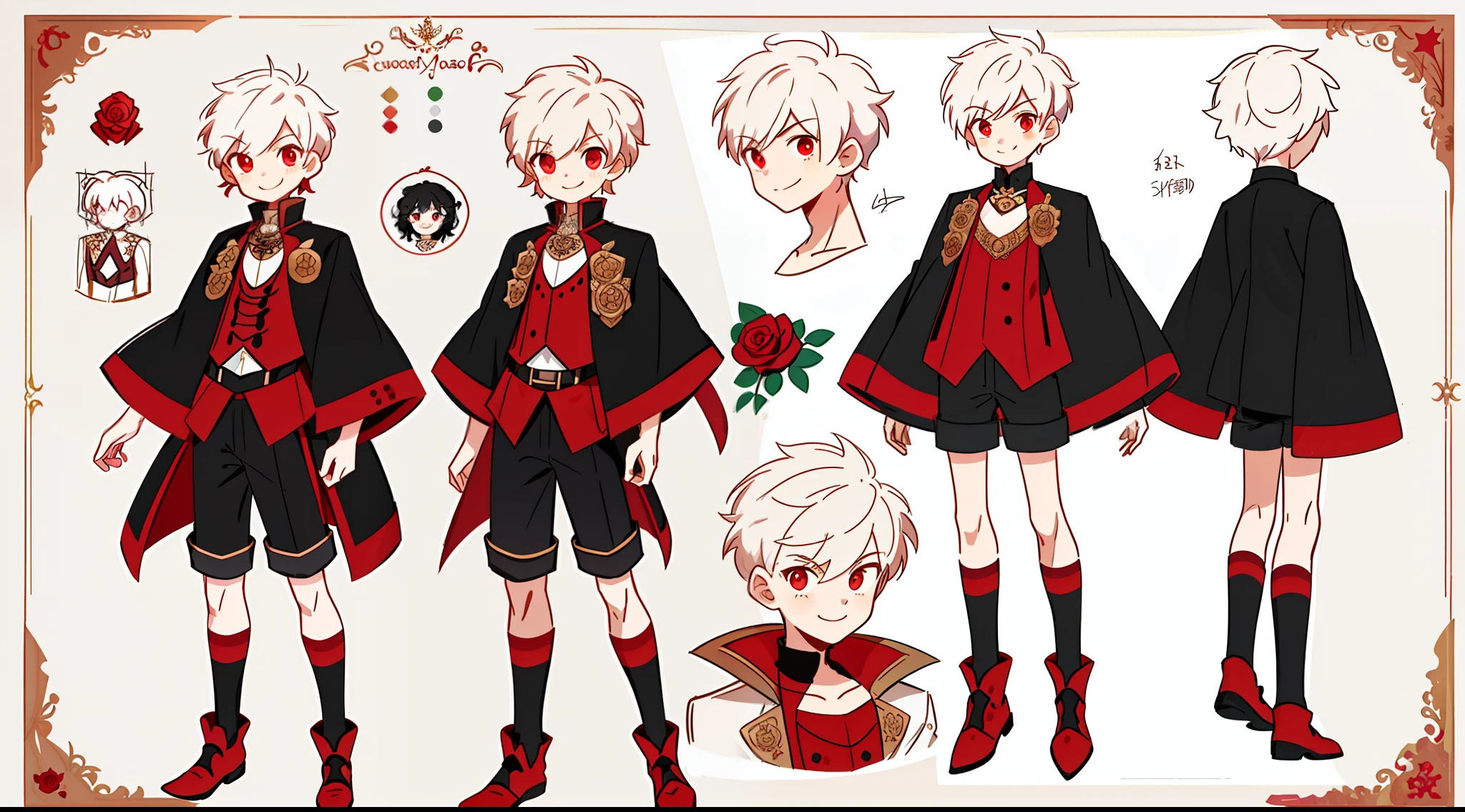 Reference sheet of a cute boy, short white hair, red eyes, smiling, black european outfit with short shorts, red rose on chest, detailed face, detailed hair, concept art, character concept art, character sketch, reference sheet, character sheet