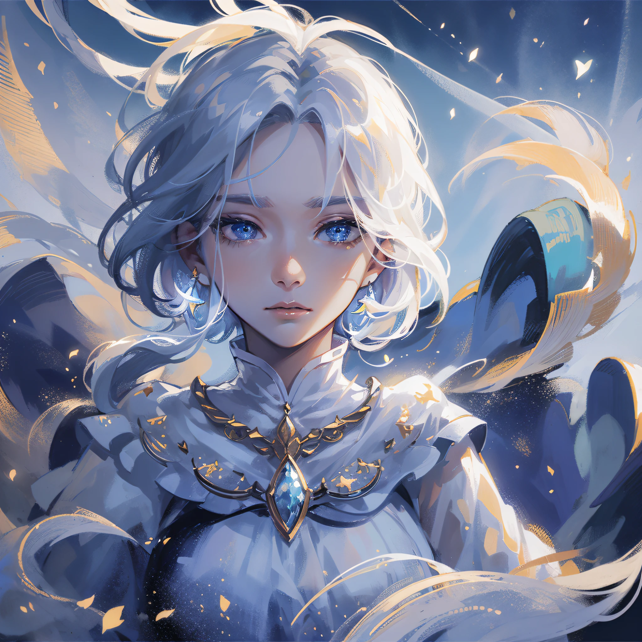 Masterpiece, (Best Quality: 1.2), (Super Fine: 1.2), Illustration, (Extremely Delicate and Beautiful: 1.2), Film Angle, Floating, (Beautiful Detail Eye: 1.1), (Detail Light: 1.1), Film Lights, Delicate Sky, Woman, White Hair, Blue Eyes, (High Ponytail: 1.1), Cloak, Glowing Eyes, (Moon: 1.2), (Moonlight: 1.1), Starry Sky, (Light Particles: 1.1), Fog , snow painting, sketching, blooming --auto --s2