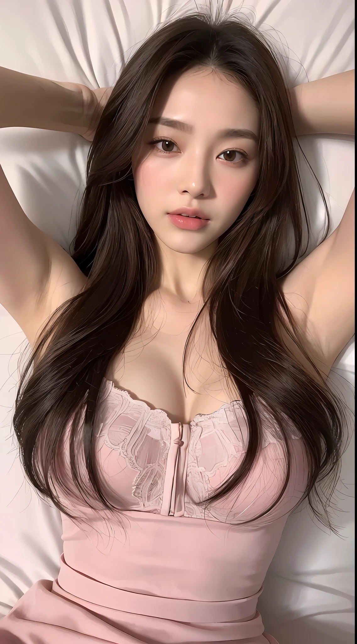 ((Top Quality, 8k, Masterpiece: 1.3)), Beauty, 1 Girl, Big: 1.3, Slender Figure: 1.1, Firm Abs, Sexy Face, Dark Brown Hair, (On the Bed, Erotic Pink Clothes: 1.1), Ultra Detailed Face, Detailed Lips, Detailed Eyes, Double Eyelids, Show Armpits