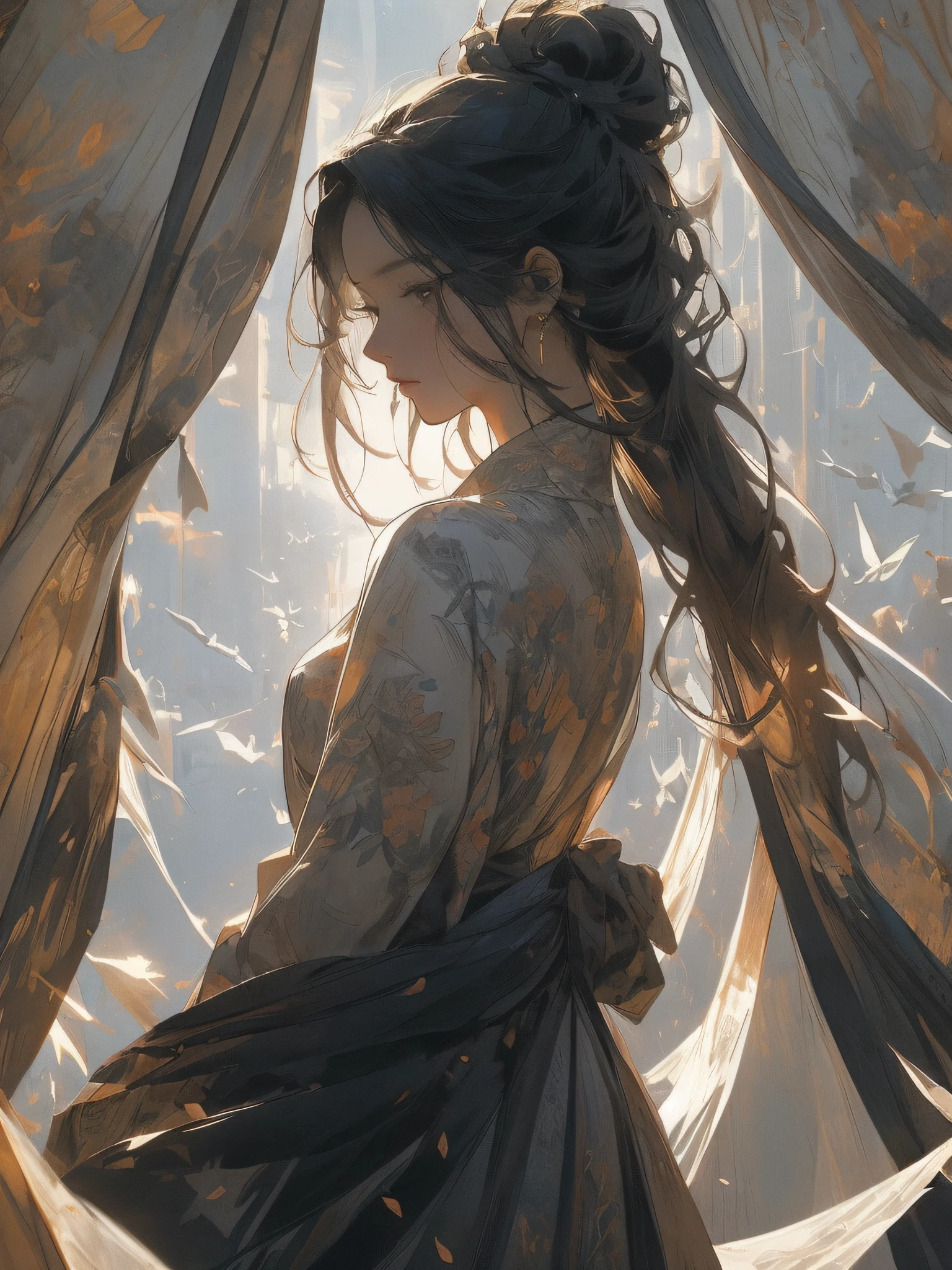 (RAW photo, best quality), (realistic, photo realistic: 1.3), extremely refined and beautiful, amazing, fine detail, masterpiece, hyper detail, high resolution, (best illustration), (best shadow), intricate, ((masterpiece, highest quality, high definition, high detail)))), white hair, white hanfu, white feathers,