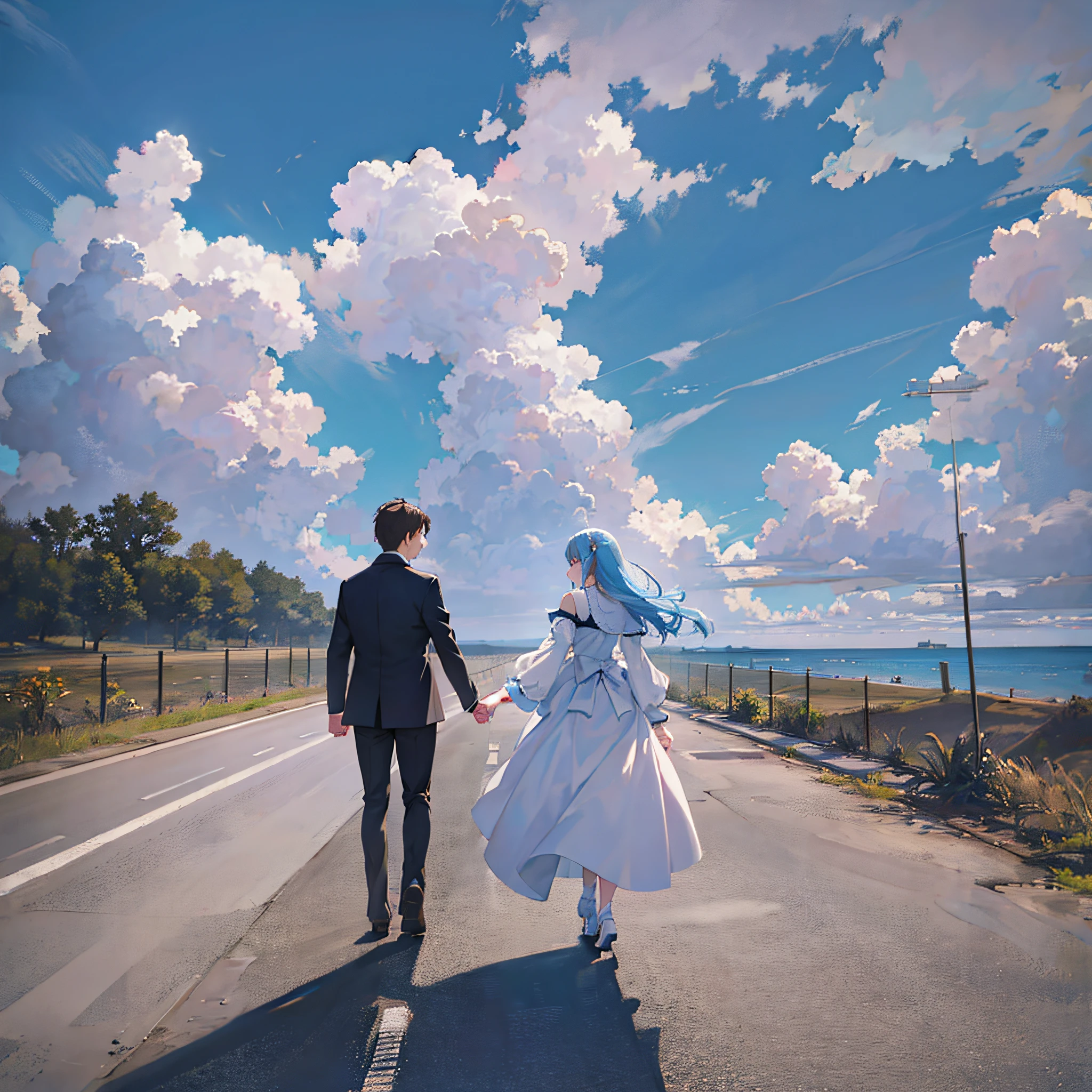 Blue sky, white clouds, a man and a woman walking hand in hand on the road, beautiful --auto --s2