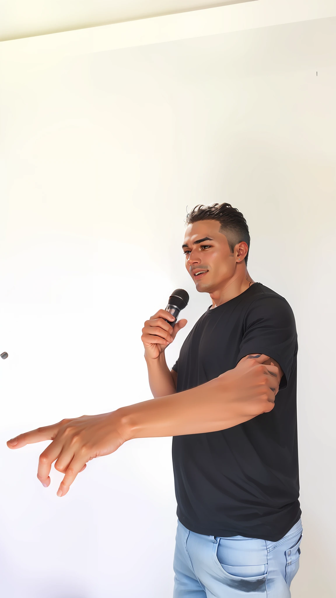 (put modern and realistic black microphone:1.2), ultra-detailed, premium quality, good perspective, realistic texture, clean sound, good ambient light, soft shadows.