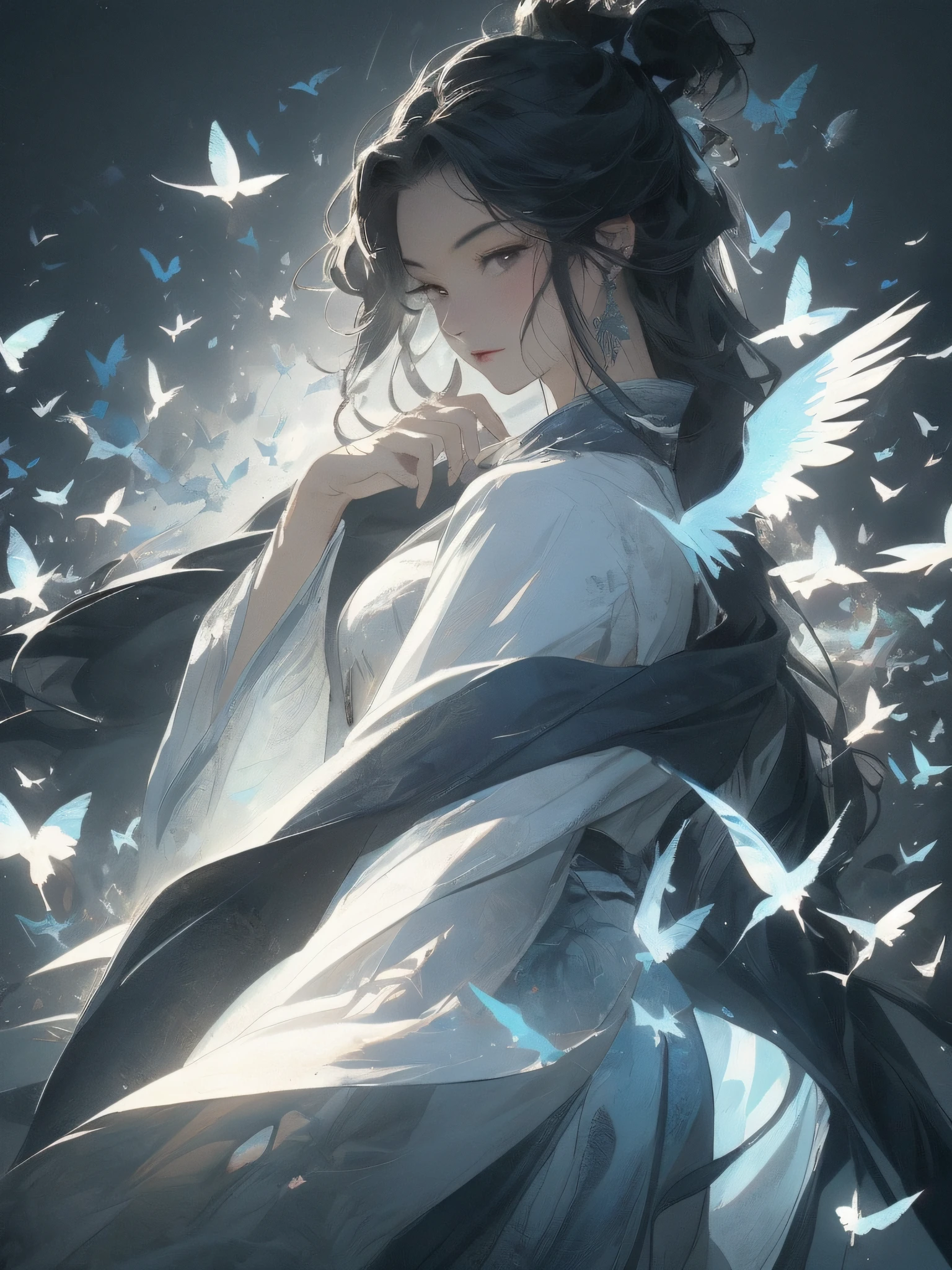 (RAW photo, best quality), (realistic, photo realistic: 1.3), extremely refined and beautiful, amazing, fine detail, masterpiece, hyper detail, high resolution, (best illustration), (best shadow), intricate, ((masterpiece, highest quality, high definition, high detail)))), white hair, white hanfu, white feathers,