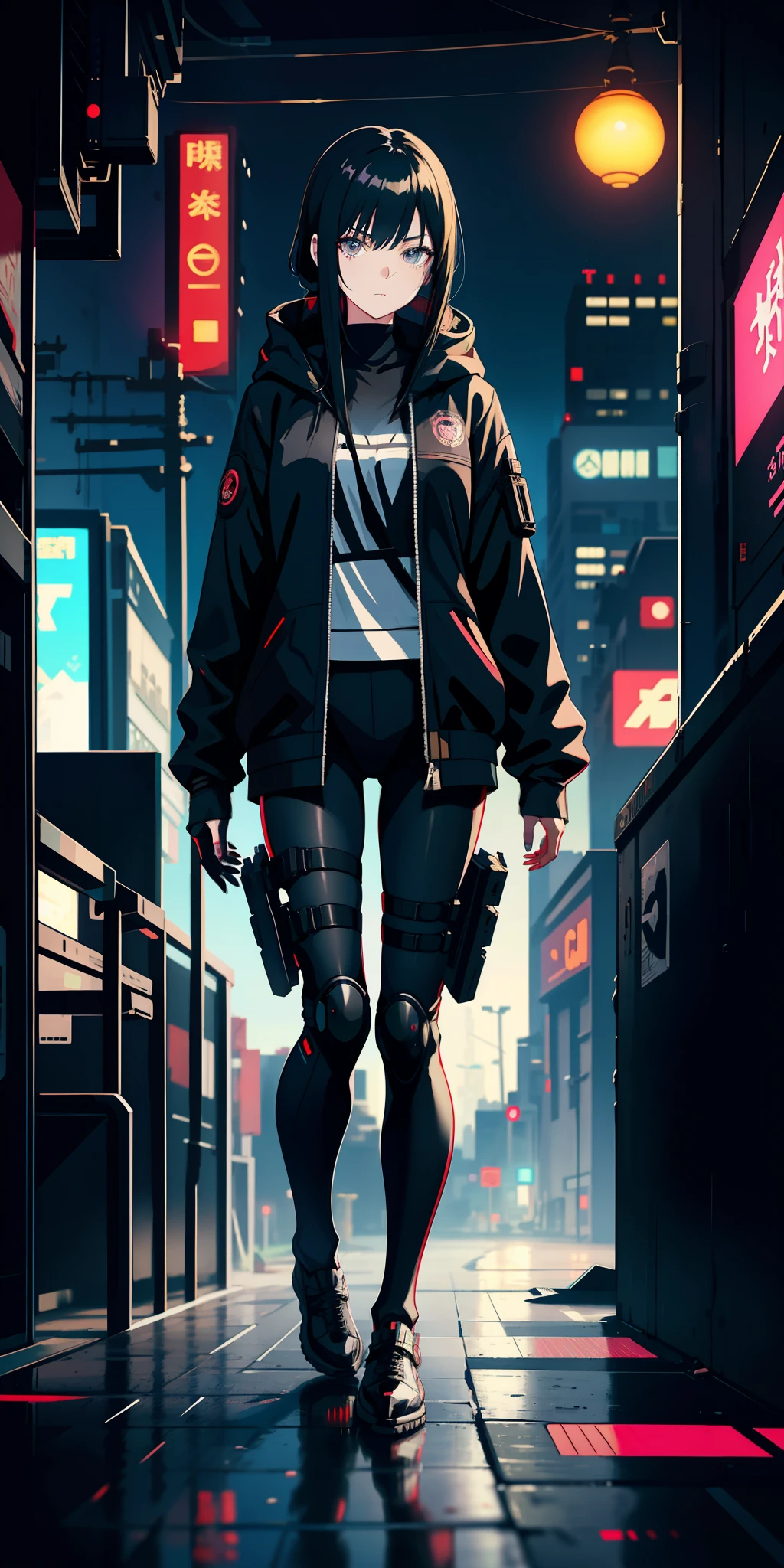 Anime girl with black hair, casual outfit, dark suit, cyberpunk style, tactical equipment, technological clothing, relaxed look, looking around, dark eyes, cyberpunk tactical clock, city in the background, blur, anime art style
