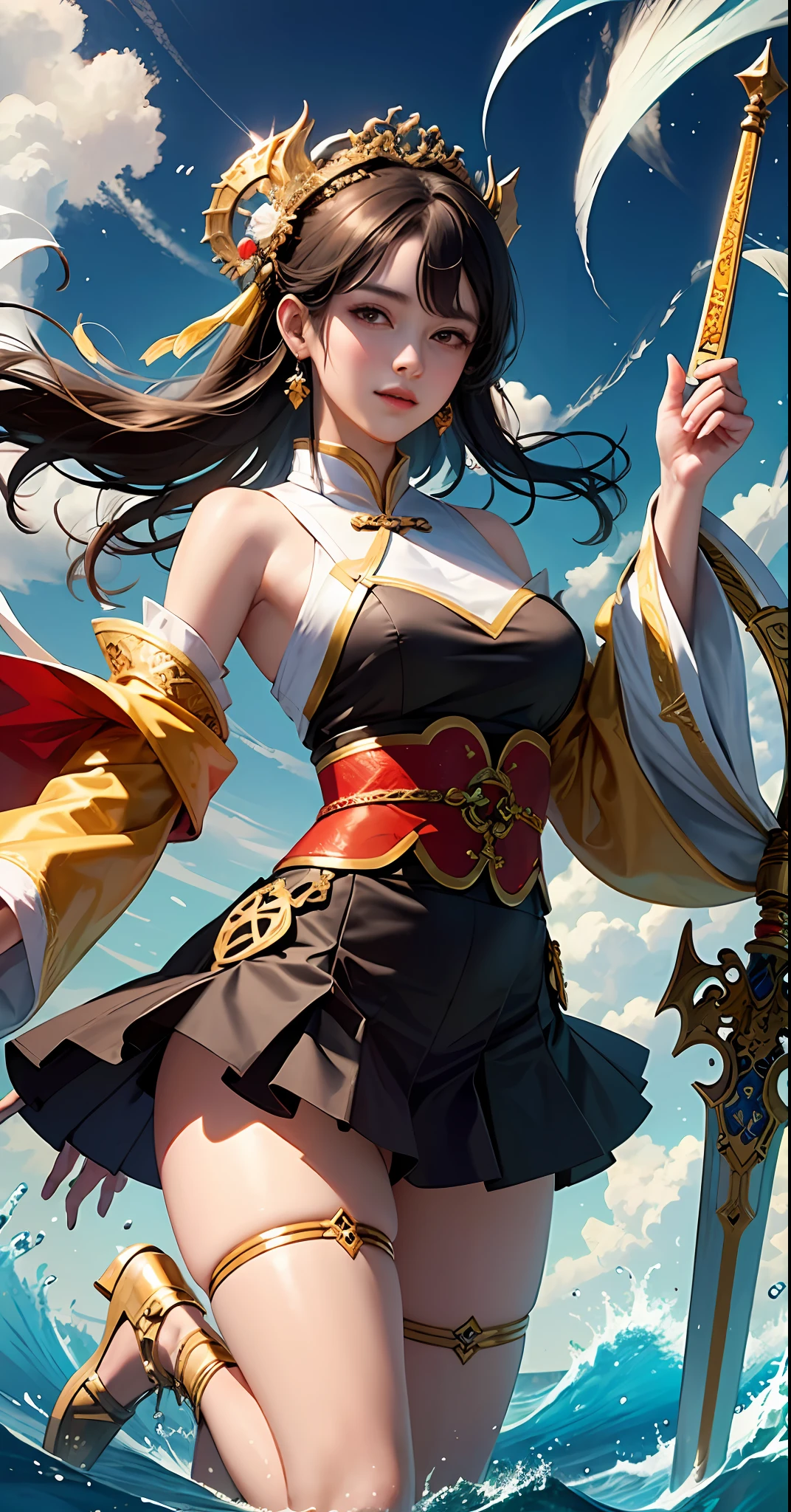 Official Art, Unified 8k Wallpaper, Ultra Detailed, Beautiful and Aesthetic, Masterpiece, Best Quality, Fractal Art 1.4, One Blackhead, Shoulder Short Skirt Calf, Very Detailed, Dynamic Angle cowboushot, the most beautiful chaotic form, flowing bright colors OC, Bust 1.2, Thangka Feitian 1.5, Ribbon 1.3, Dream 1.5, Hanfu 1.5 Surround Water Magic, Chinese Dragon, Smile 0.5, Chinese Deity, Holding a Gorgeous Sword.