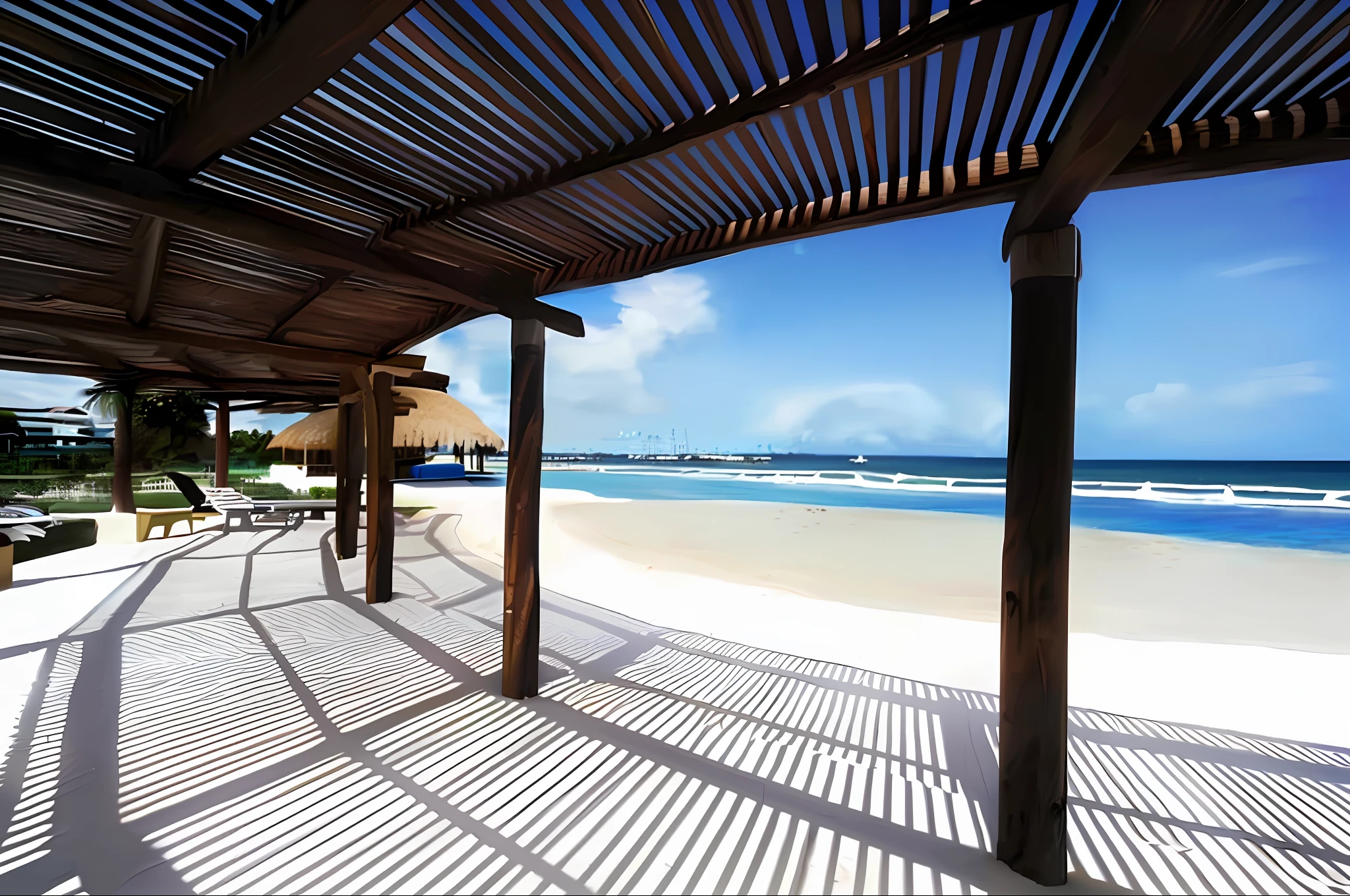 a view of a beach with a gazebo and a beach in the background, in a beachfront environment, paradise in the background, crisp smooth lines, beach setting medium shot, 1 5 9 5, ( land ), realistic wide angle photo, ground level shot, travel, 1 4 9 3, poolside, view, perspective wide angle view, masterpiece', recreation