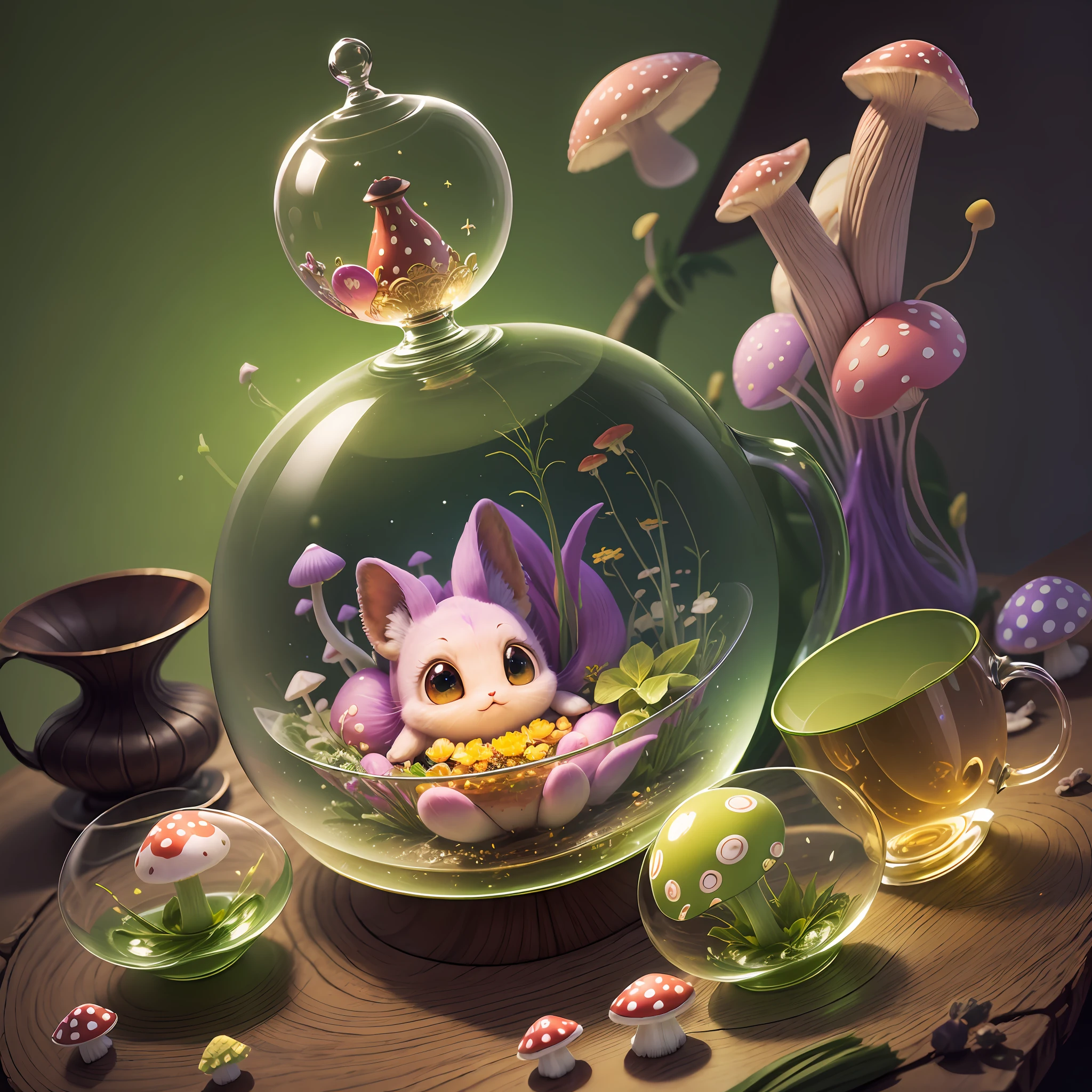 Computer Visualized Graphics, Realistic Fantasy, Anime, Clamp, Disney, Cartoon Characters, Extensive Landscape Ultrasound Photography (general view showing a glass goblet, duet, fly agaric, mushroom, muzzle, big eyes, nose with a cortoshka, mouth, cartoon hands and legs, set, tray, drinking tea, actions in the form of pouring tea), blurred background, gloomy, yellow, green, purple background, pink, warm, magic