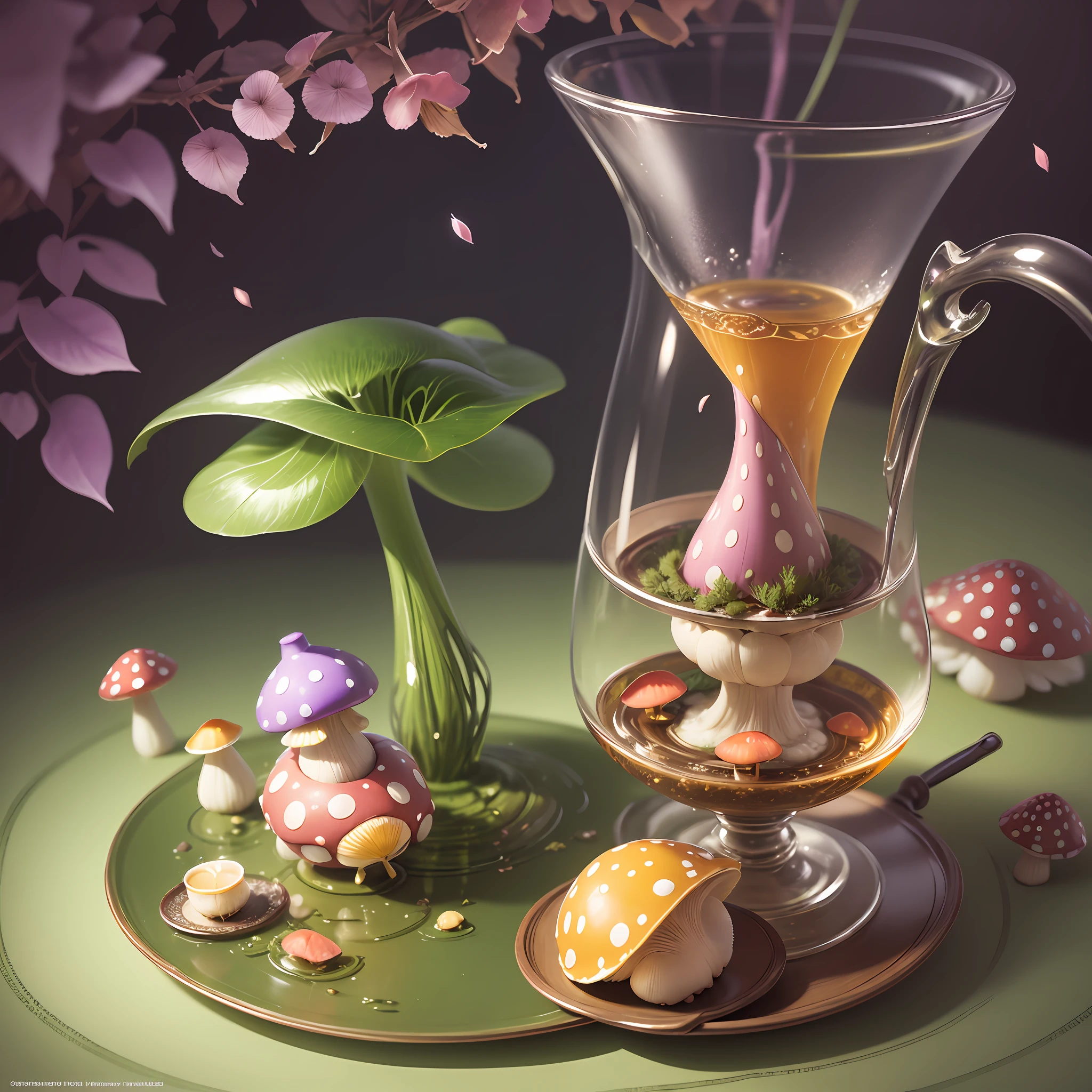 Computer Visualized Graphics, Realistic Fantasy, Anime, Clamp, Disney, Cartoon Characters, Extensive Landscape Ultrasound Photography (general view showing a glass goblet, duet, fly agaric, mushroom, muzzle, big eyes, nose with a cortoshka, mouth, cartoon hands and legs, set, tray, drinking tea, actions in the form of pouring tea), blurred background, gloomy, yellow, green, purple background, pink, warm, magic