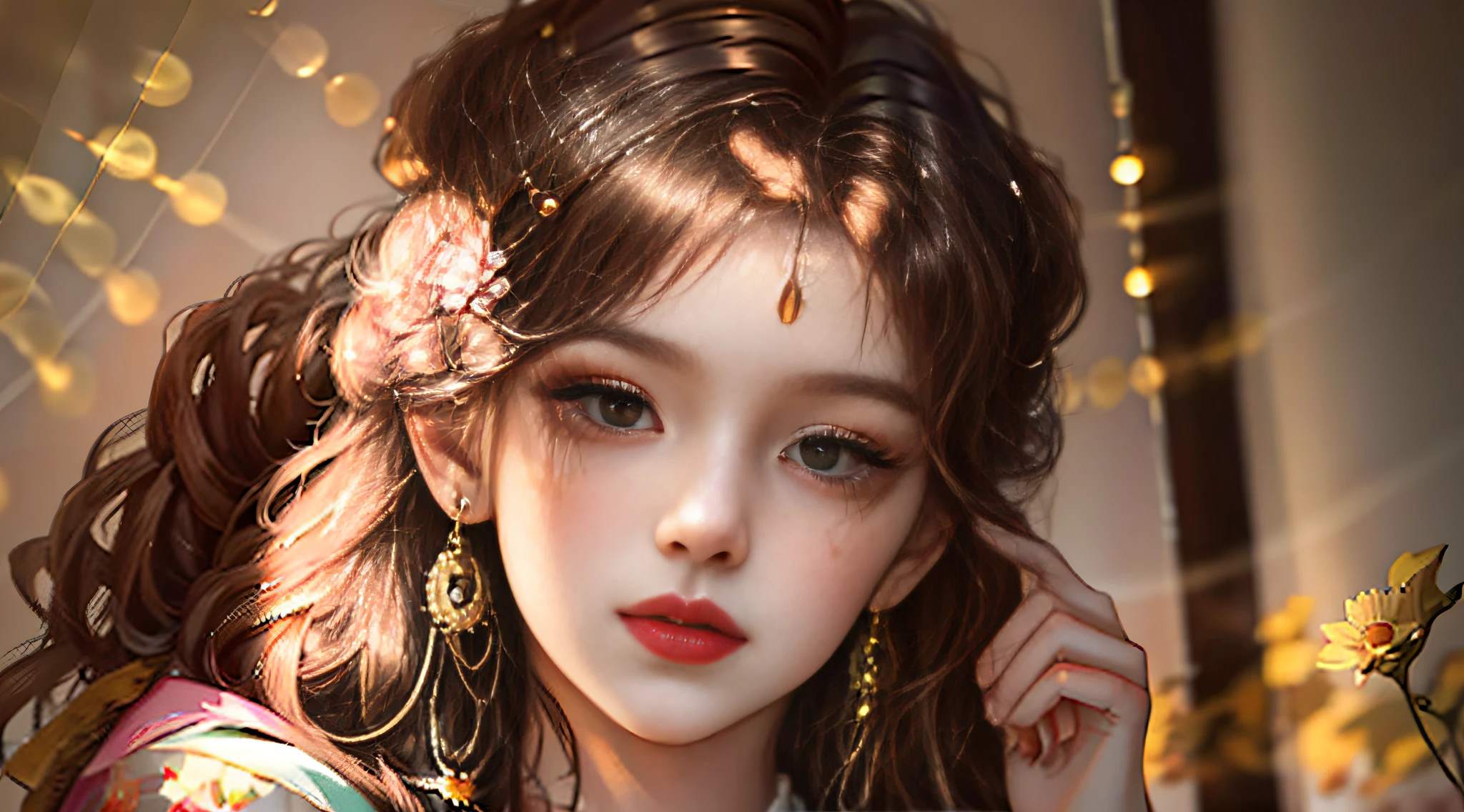 ayoung woman leaningon awindow foraselfie in the, style of light orange and light gold, kawaii, aesthetic floral accents eye-catching resin jewelry., dark brown and light brown, romanticized femininity., traditional