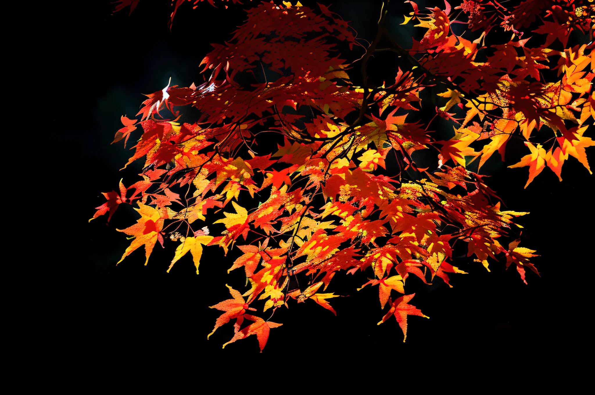 leaves of a tree with red and yellow leaves against a black background, autumn color, glowing leaves, autumn maples, maple tree, red leaves, flaming leaves, color leaves, red orange and yellow leaves, autumn leaves, colorful leaves, blood red leaves, japanese maples, autumn colors, vibrant autumn colors, hair becoming autumn red leaves, red and orange glow
