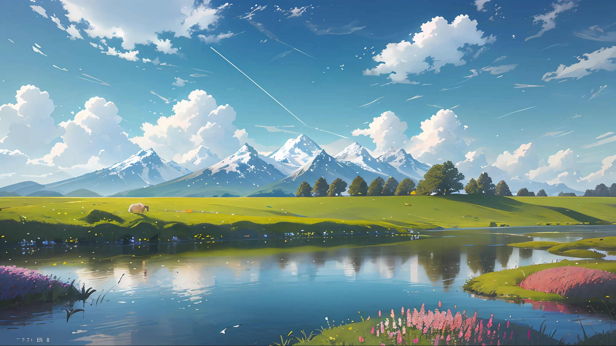 Summer, meadows, few small flowers, clear lakes, sheep, heaven, large clouds, blue sky, hot weather, HD detail, wet watermark, hyper-detail, cinematic, surrealism, soft light, deep field focus bokeh, distant view is snowy mountains, ray tracing, and surrealism. --v6