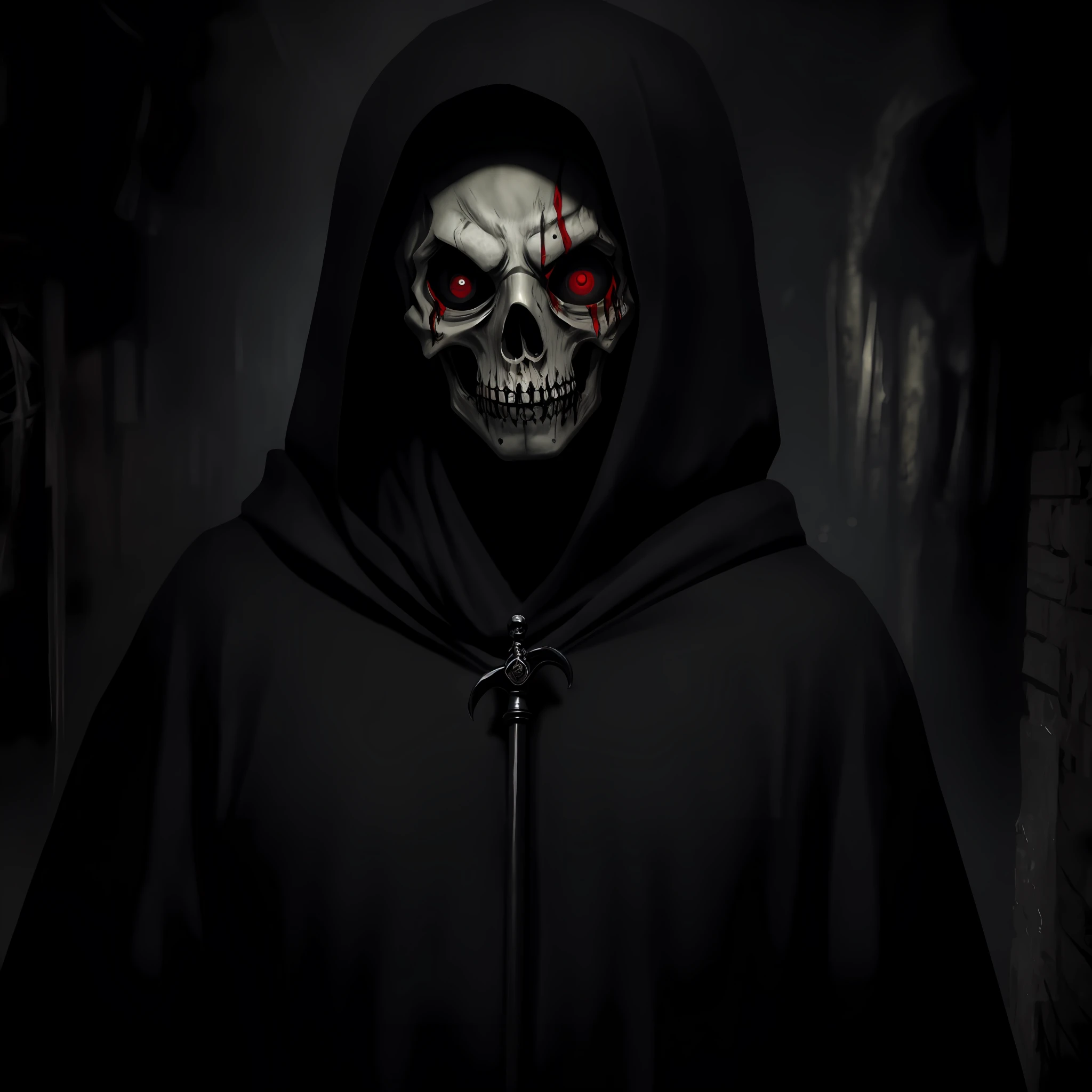 masterpiece, best quality, highly detailed, horror art, 1other, grim reaper, red eyes, scythe, no face, cloaked, in a horror basement, terrifying, looking at viewer