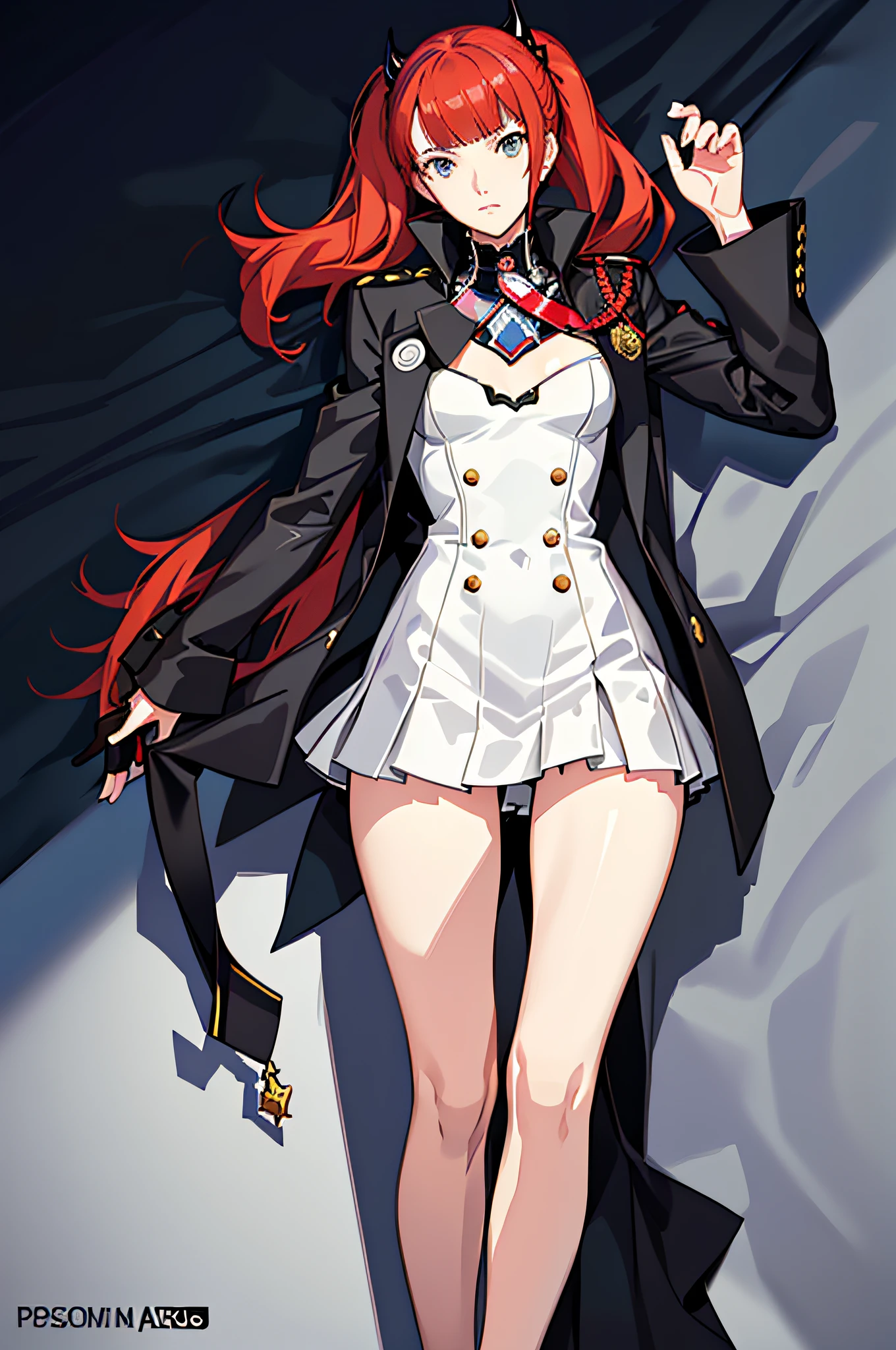 Persona 5 Art Style wlop, Persona 5 Art Style, Persona 5 Style, Kasumi Yoshizawa, Girl in Uniform, Full Body, High Quality, 8K, Uniform with Open Chest, Ponytail, Small Breasts, Bangs, Smooth Thighs, Patsun, Best Quality, 8K, Ultra High Definition, Fine Eyes, Slender Legs, Fine Beautiful Eyes,