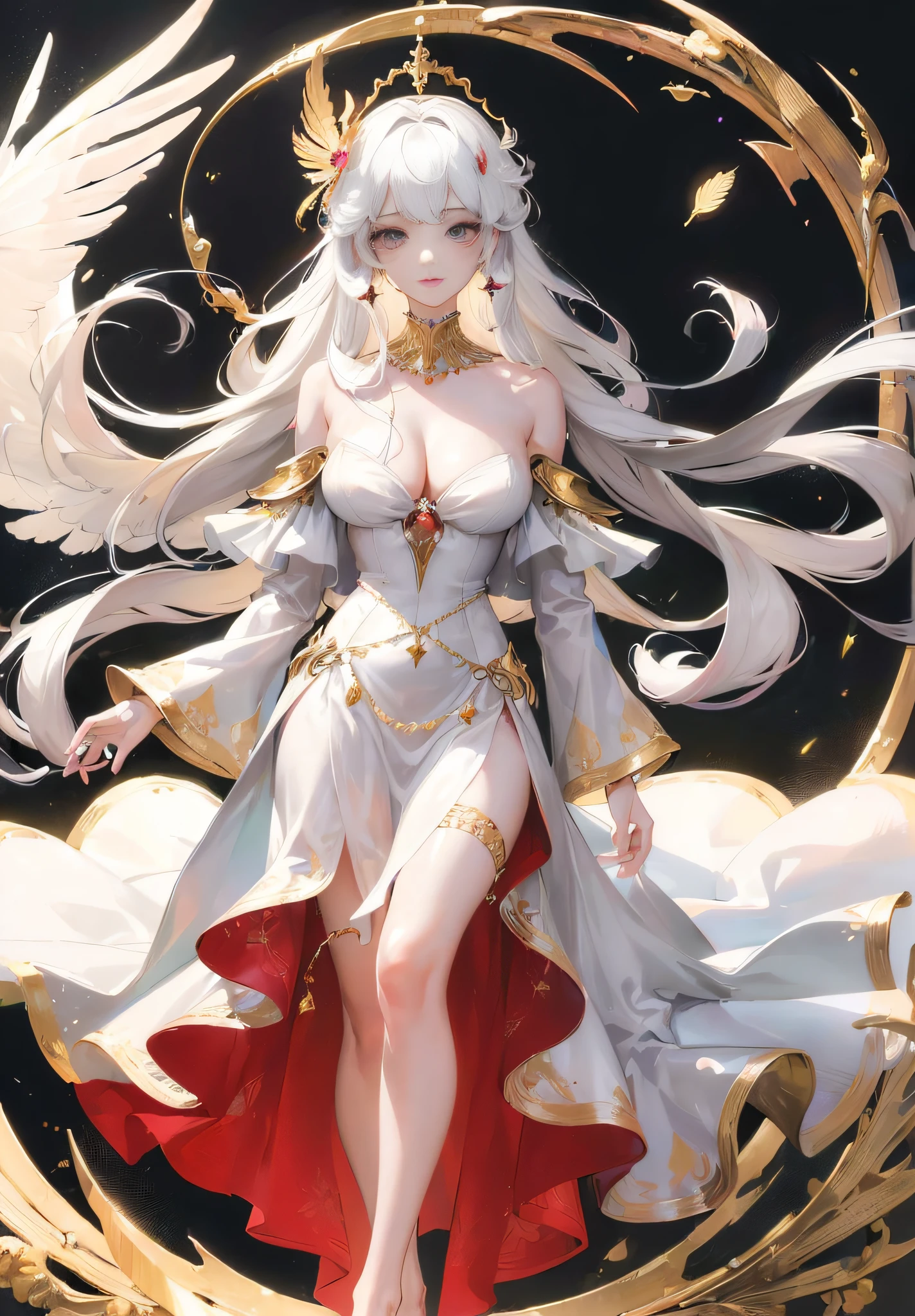 (adult:1.6), ((Best quality)), ((masterpiece)), ((highly intricate details)),beautiful, high quality, highres, absurdres, light difussion, intricate details, complex details, (masterpiece:1.2), (best quality:1.2), perfect face, perfect eyea, perfect lighting, shining ruby eyes,((gorgeous princess)), (with long flowing white hair), goddess, big feather wings, golden light halo, floating in the sky. bare foot, slender body, big breasts, athena dress, off shoulders, egypt goddess,