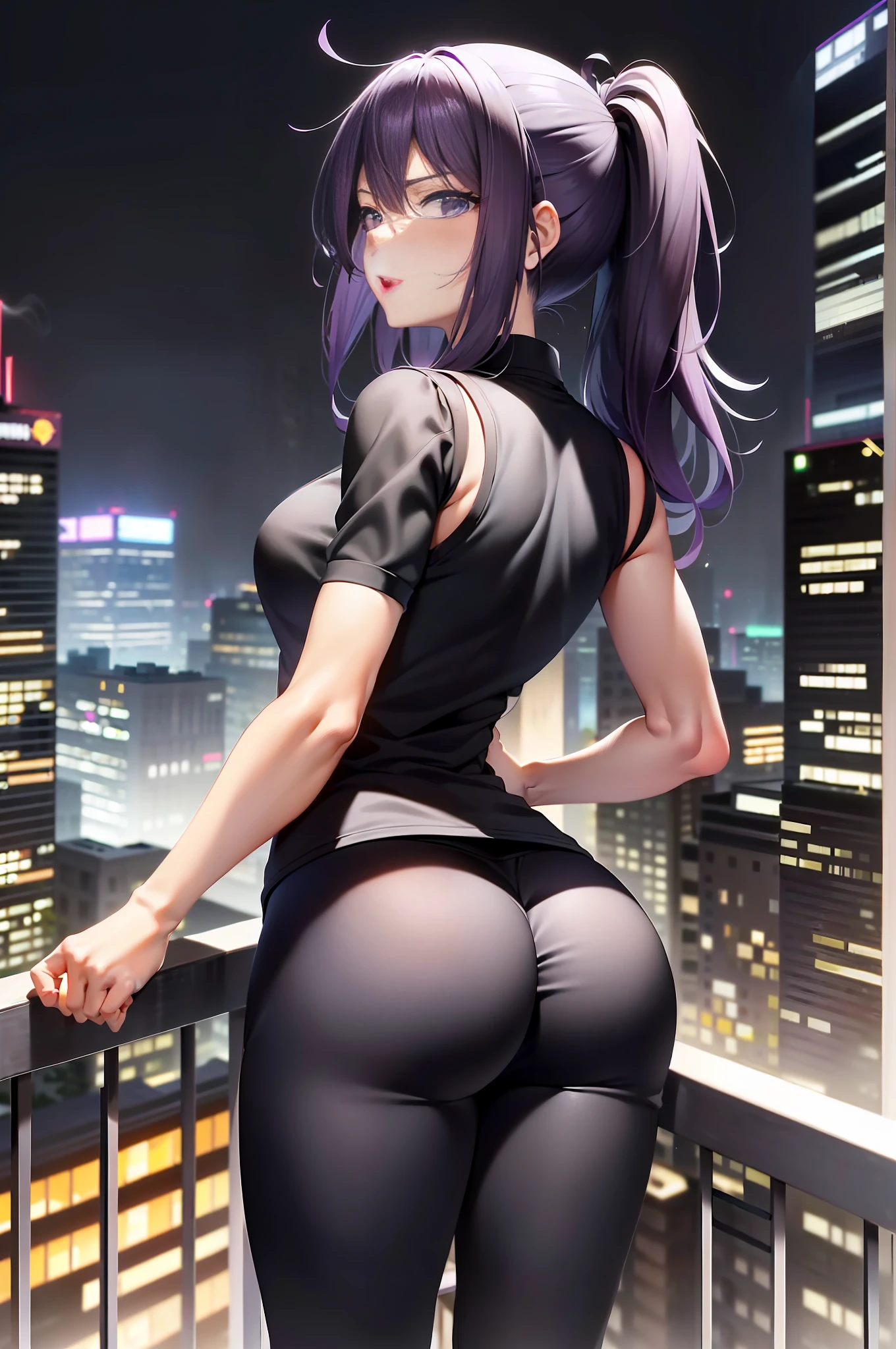 (feet on the ground + standing posture + back to + hips: 1.5), (black bright skinny sports yoga pants + vertical lines), (mysterious x biomechanics x fleshy x smooth anime style x Ilya Kuvhinov style x city background: 0.8) + (beautiful anime style: 1.2), (high ponytail long hair: purple 0.8 + black 0.2 + mature woman: 1.5+ kafka: 1.5 + black vest top), (balcony), (top-down angle + looking back + aggrieved nostalgic gaze), (flashing lights) , (Oppein Design)