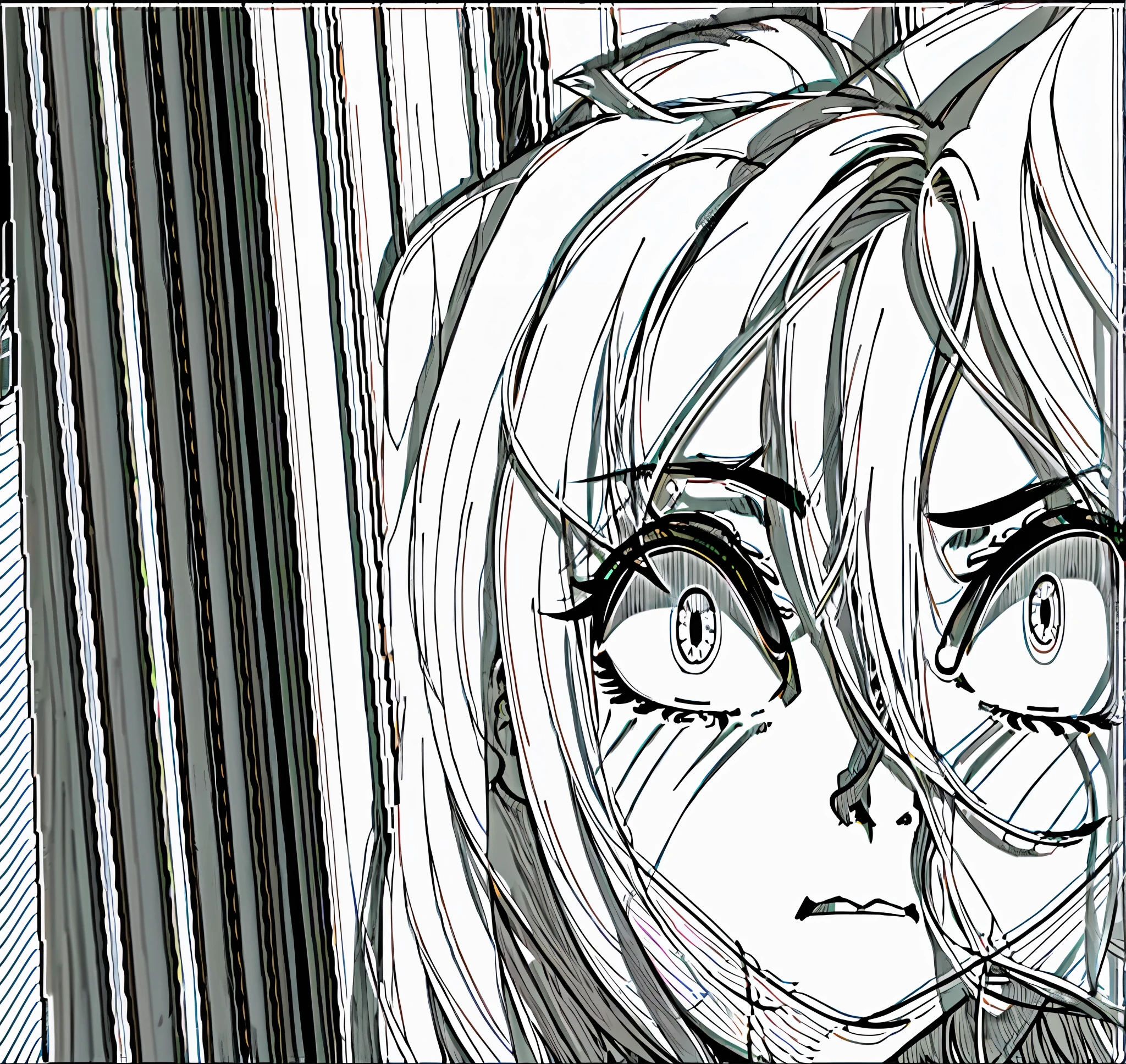 A drawing of a girl with long hair and a black and white image, clean anime outlines, animatic, lineart, detailed anime face, blank look, thick lineart, intense line art, highly detailed angry anime face, line art!!, perfect anime face, thick black lineart, detailed smooth anime face, outlined!!!, manga panel black and white,gray
