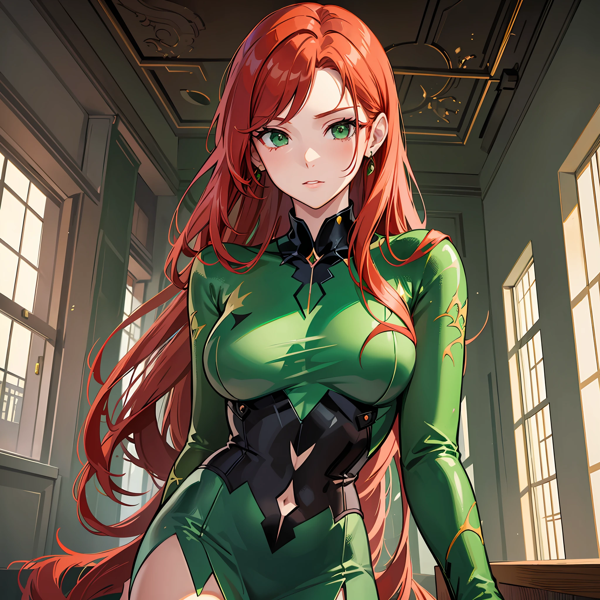 A woman, red hair, green eyes, green school uniform, inside the school, defined body, poison ivy, Pamela Isley