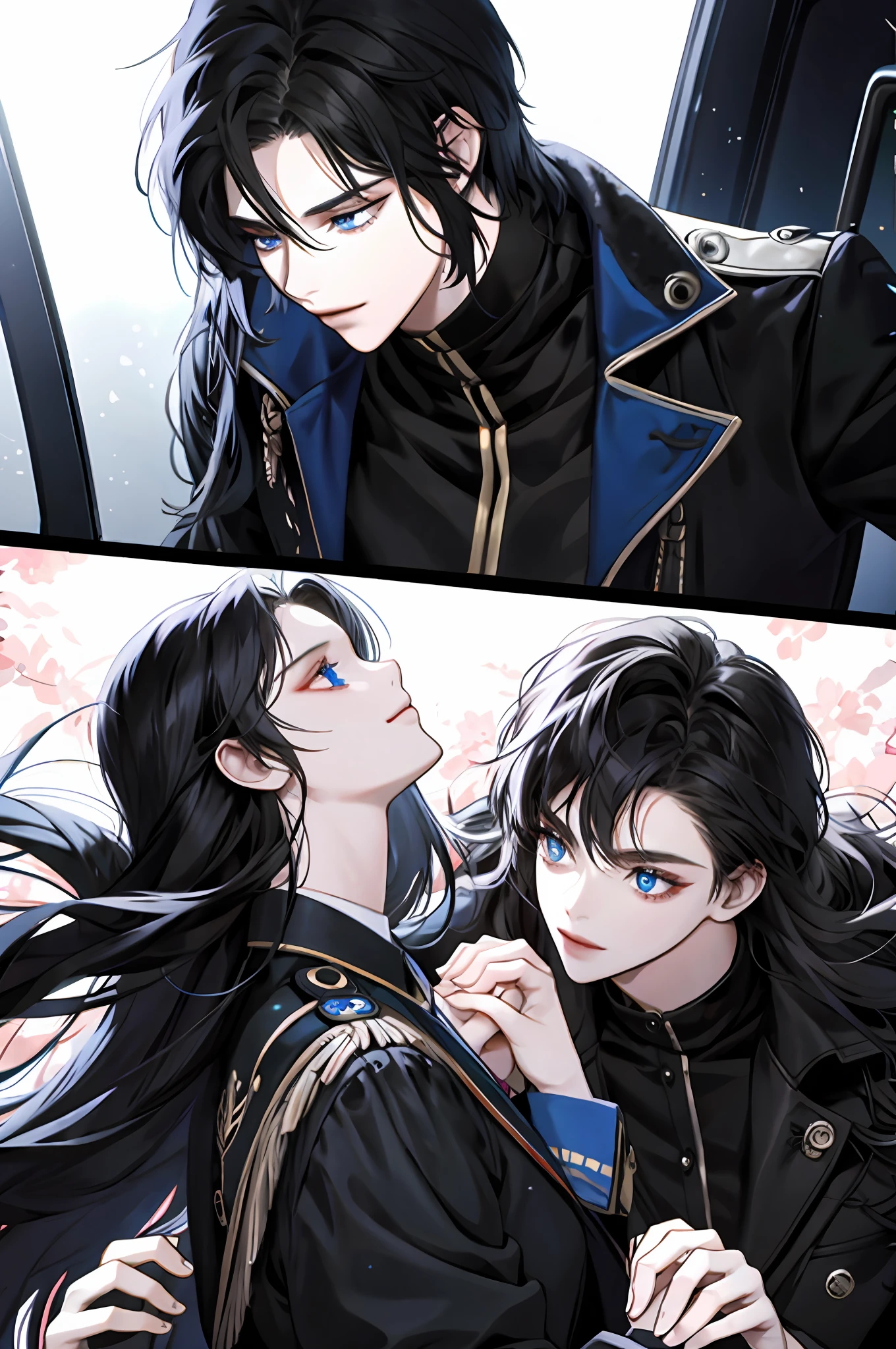 Lesbians, they are in love with each other, It's night and their faces are very close,they are holding hands and looking at each other, the one on the right has black eyes, black long hair, the one on the left has blue eyes, black long hair