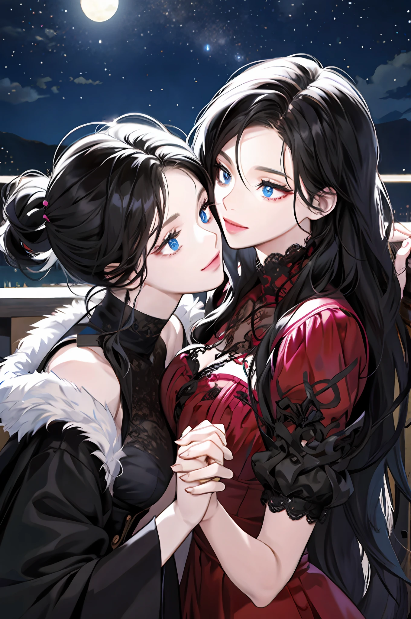 Lesbians, they are in love with each other, It's night and their faces are very close,they are holding hands and looking at each other, the one on the right has black eyes, black long hair, the one on the left has blue eyes, black long  hair