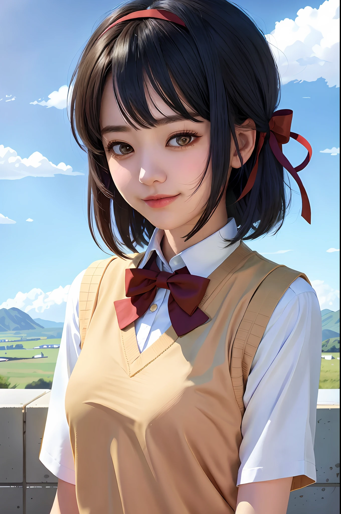 shinkai makoto, kimi no na wa., 1girl, bangs, black hair, blue sky, blush, bow, bowtie, brown eyes, cloud, collared shirt, hair ribbon, hairband, looking at viewer, negative space, outdoors, red bow, red bowtie, red hairband, red ribbon, ribbon, school uniform, shirt, short hair, sky, smile, solo, sweater vest, upper body, vest, white shirt, yellow sweater vest, yellow vest