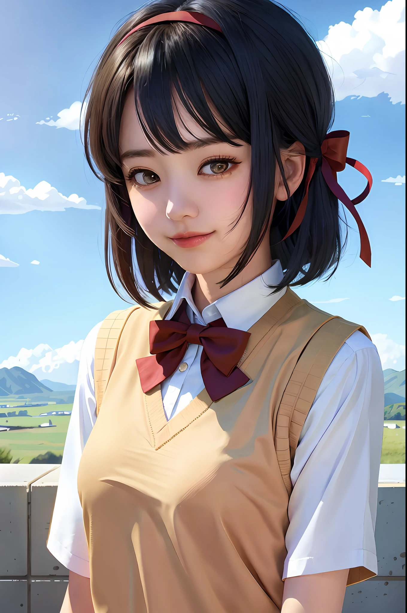 shinkai makoto, kimi no na wa., 1girl, bangs, black hair, blue sky, blush, bow, bowtie, brown eyes, cloud, collared shirt, hair ribbon, hairband, looking at viewer, negative space, outdoors, red bow, red bowtie, red hairband, red ribbon, ribbon, school uniform, shirt, short hair, sky, smile, solo, sweater vest, upper body, vest, white shirt, yellow sweater vest, yellow vest