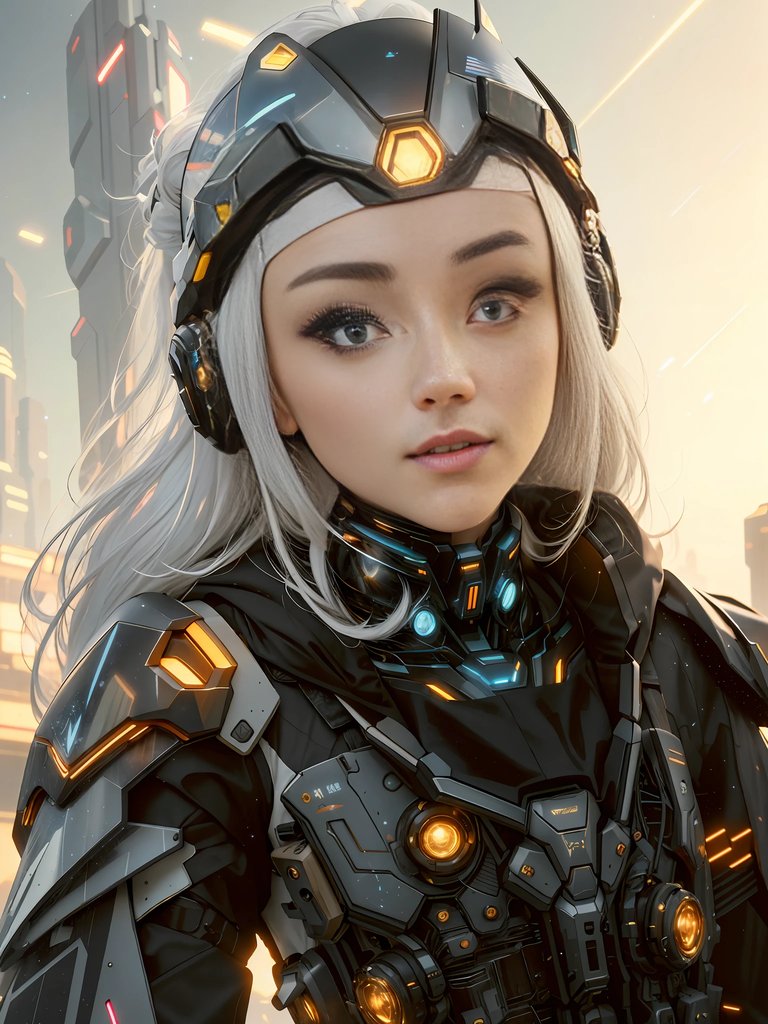 Masterpiece, Best Quality, 4K, Mecha, Crystal Helmet, Glow, Futuristic, Starry Sky, Sky, Stars \ (Sky \), Cloak, Headband, Long Legs, Long Hair, White Hair, Cyberpunk, Depth of Field, Blurred Background,