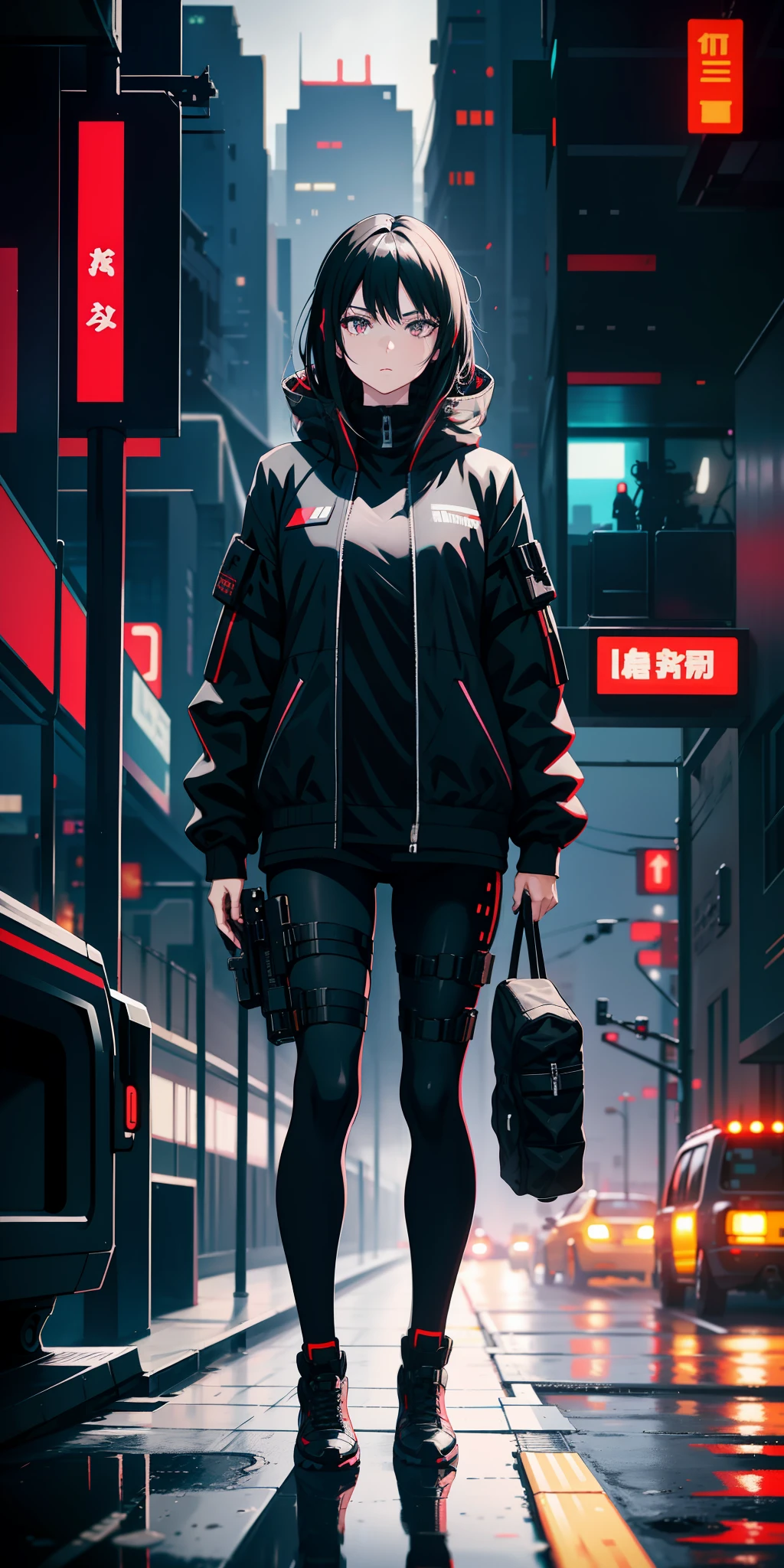 Anime girl with black hair, casual outfit, dark suit, cyberpunk style, tactical equipment, technological clothing, relaxed look, looking around, dark eyes, cyberpunk tactical watch, city in the background, blur