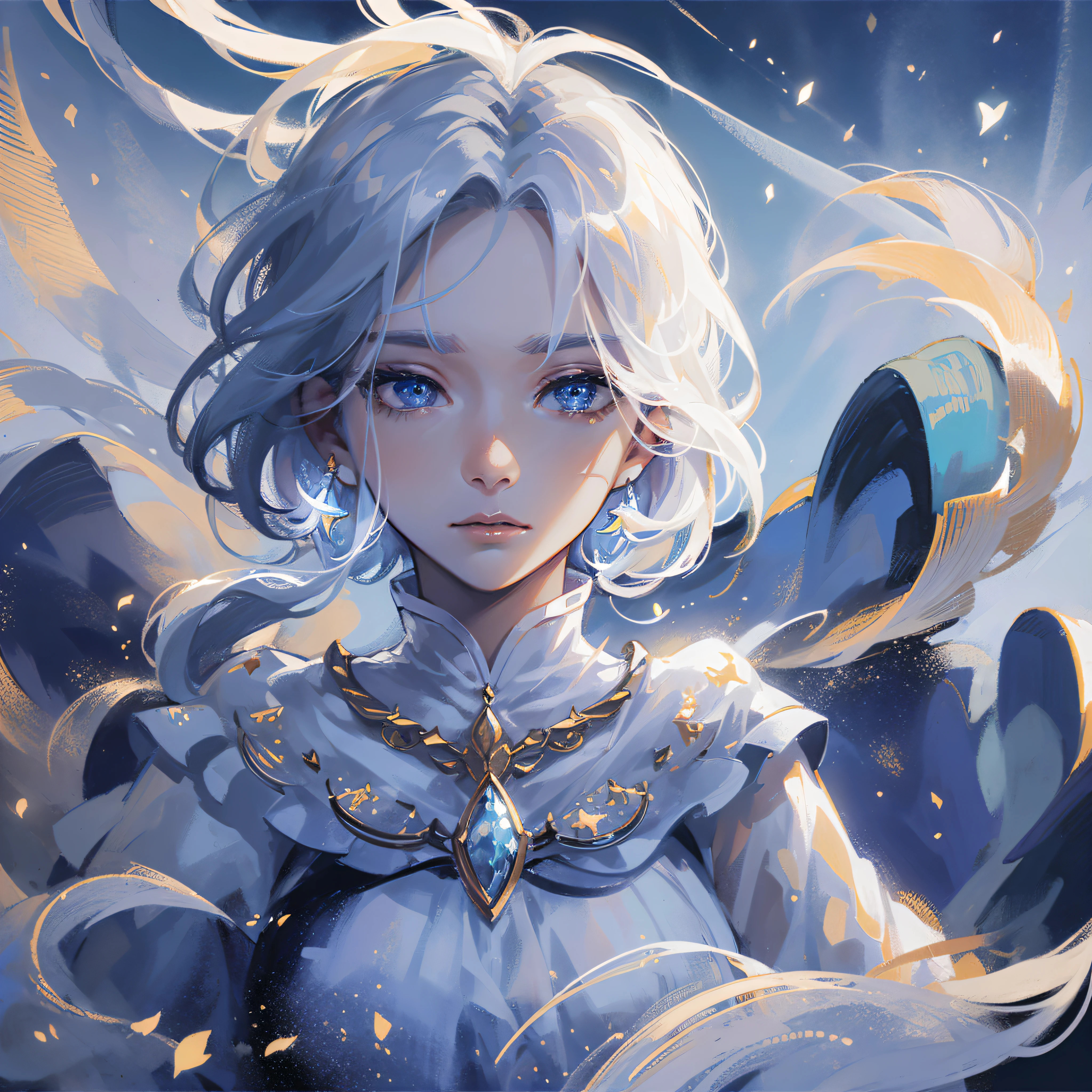 Masterpiece, (Best Quality: 1.2), (Super Fine: 1.2), Illustration, (Extremely Delicate and Beautiful: 1.2), Film Angle, Floating, (Beautiful Detail Eye: 1.1), (Detail Light: 1.1), Film Lights, Delicate Sky, Woman, White Hair, Blue Eyes, (High Ponytail: 1.1), Cloak, Glowing Eyes, (Moon: 1.2), (Moonlight: 1.1), Starry Sky, (Light Particles: 1.1), Fog , snow painting, sketching, blooming --auto --s2