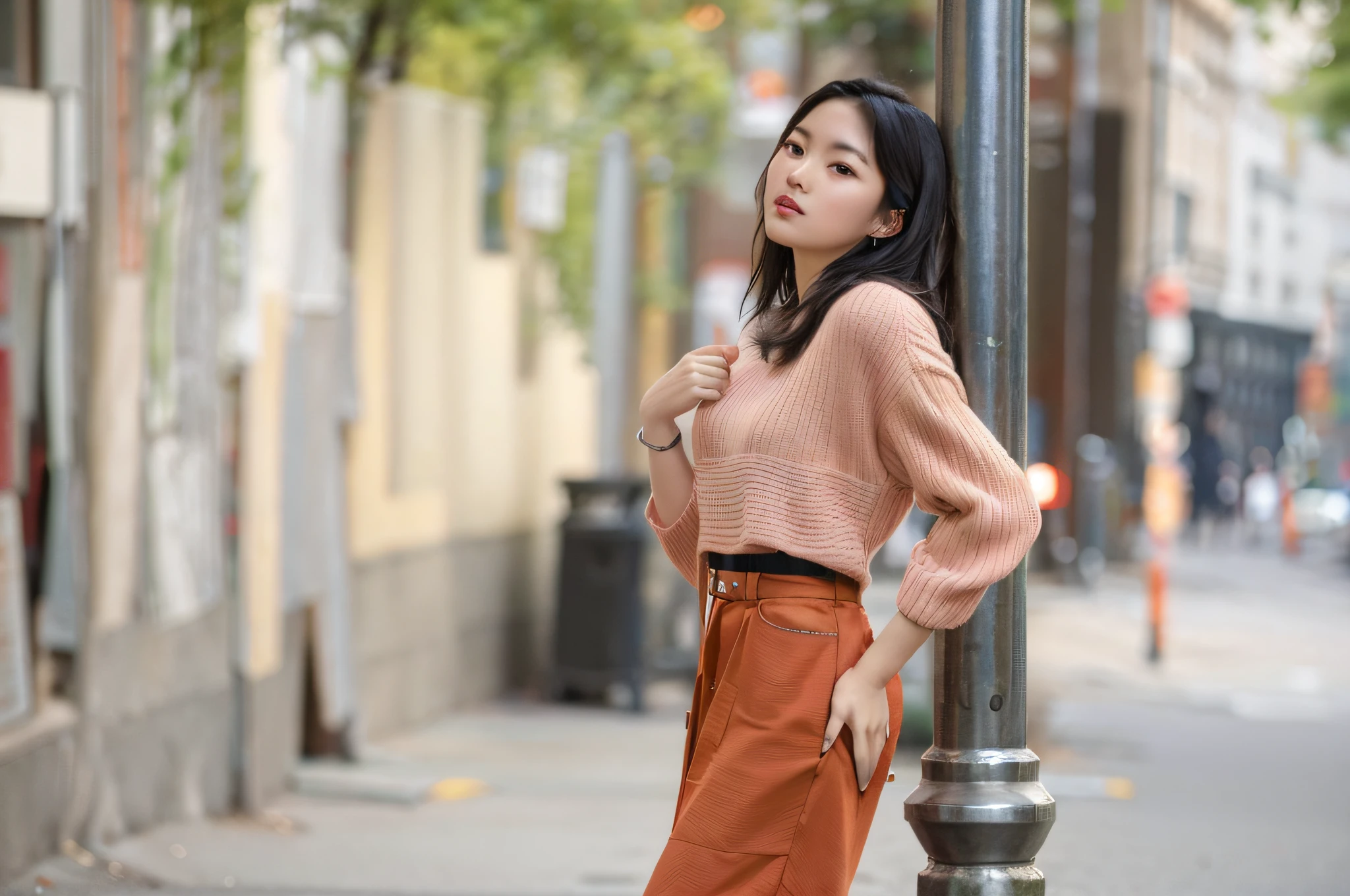 there is a woman standing on a street corner with a lamp post, posing in an urban street, a young asian woman, in city street, woman posing, young asian woman, woman model, wearing elegant casual clothes, young asian girl, casual pose, casual photography, an asian woman, mid shot portrait, taken with canon eos 5 d mark iv, leaked image