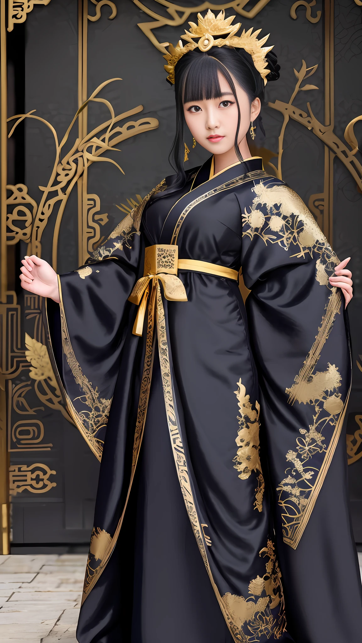 arafed asian woman in a black dress standing in front of a gate, gold brocaded dark blue clothes, hanfu, robes with golden characters, in dark robes with gold accents, wearing ancient chinese clothes, wearing gilded robes, imperial royal elegant clothing, dragon-inspired cloth robes, palace ， a girl in hanfu, wearing ornate silk clothes