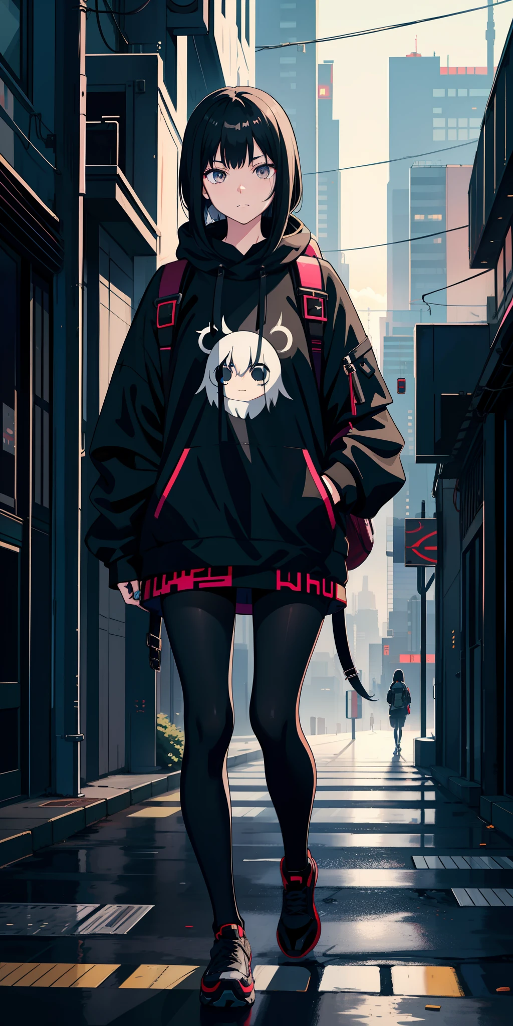 Anime girl with black hair, casual outfit, dark outfit, cyberpunk style, wearing backpack, light clothing, shy look, slight smile, dark eyes, city in the background, blur, anime art style