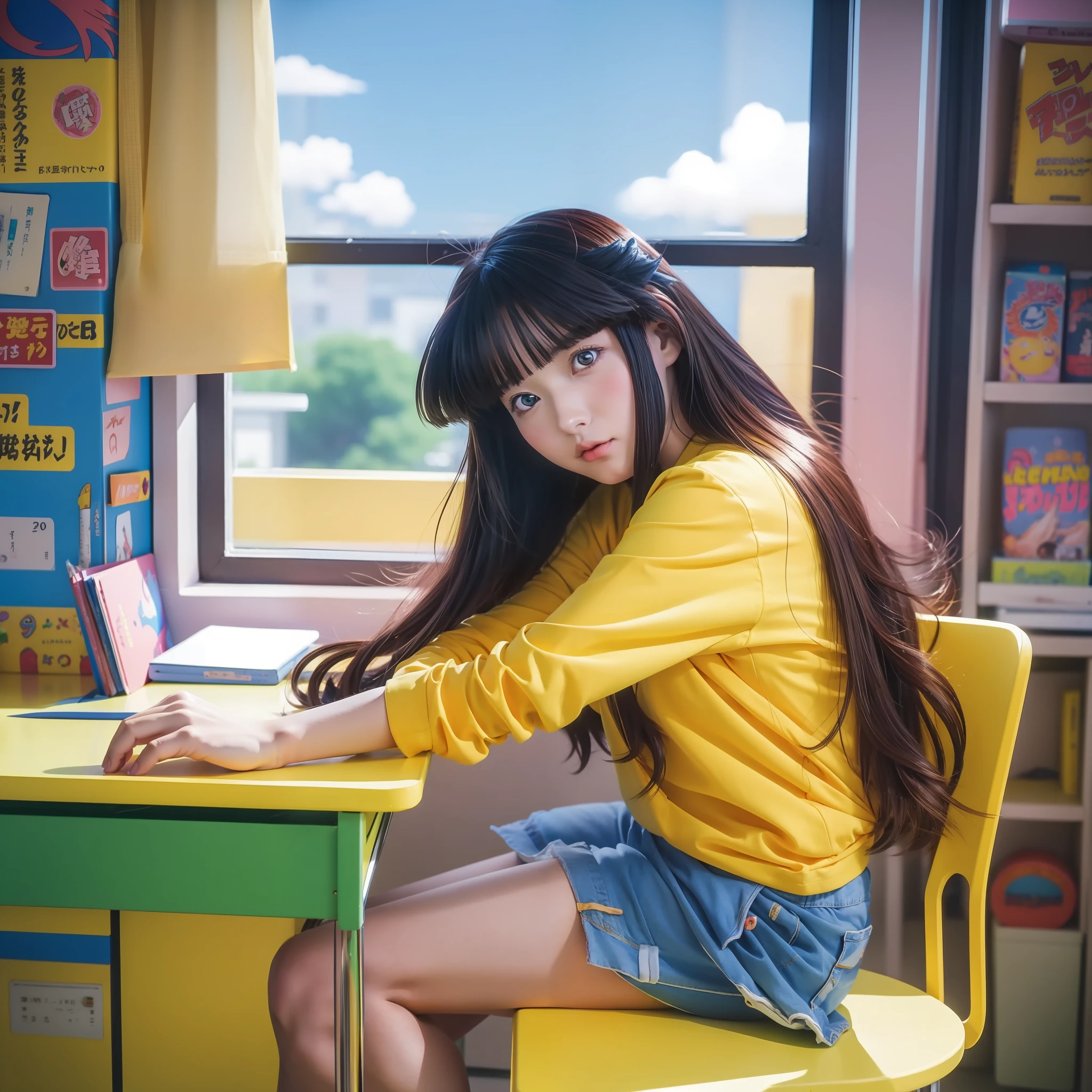 anime girl sitting on a desk with long hair in a yellow shirt, 90s anime style, 9 0 s anime style, 1980's anime style, 80s anime ova style, gainax anime style, an retro anime image, by Rumiko Takahashi, rumiko, inspired by Rumiko Takahashi, 9 0 s anime art style