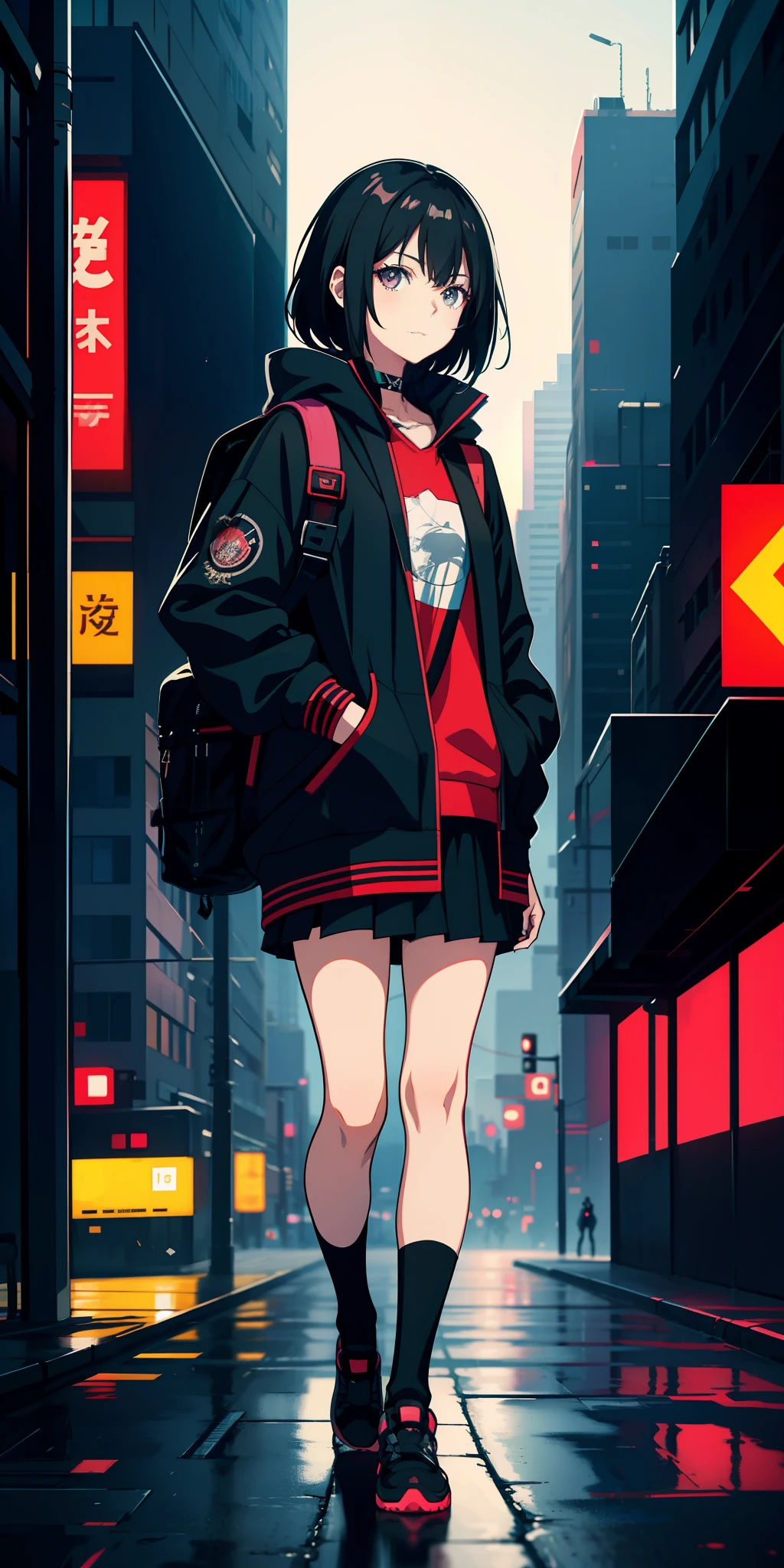 Anime girl with black hair, casual outfit, dark outfit, cyberpunk style, wearing backpack, light clothing, shy look, slight smile, dark eyes, city in the background, blur, anime art style
