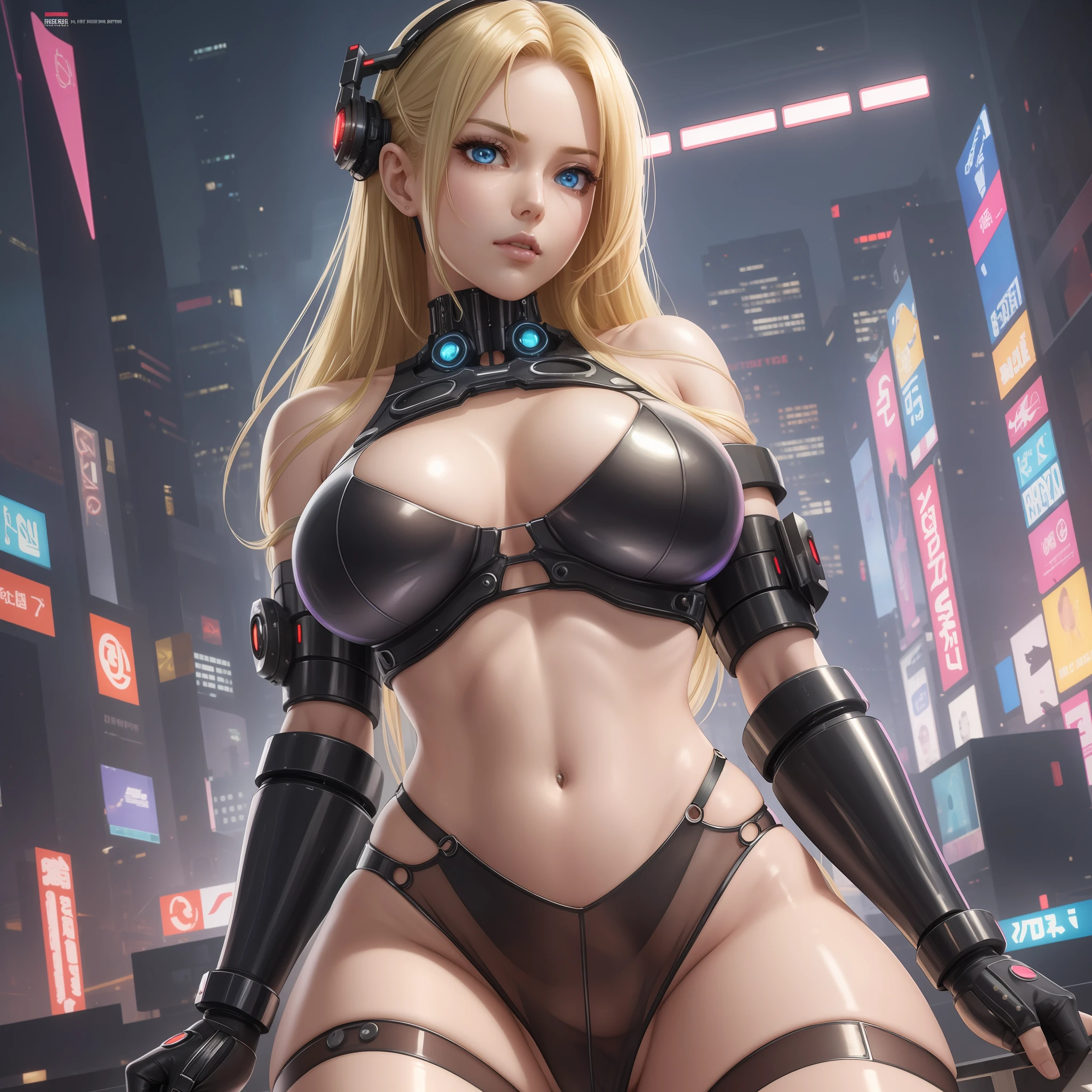 Realistic Ultra Detailed, Detail Beautiful Round Eyes, Beautiful Detail Face, (Beautiful Detail), High Quality, High Resolution Cyberpunk Ray Tracing, Cyborg Girl Wearing Sexy, Big Breasts with Slim Figure, Transparent Dress, Perfect As, Perfect Face, Sexy Body, Blonde Hair, Micro Open Lips, Thighs, Sexy Stockings, Moist Eyes, Vivid Expressions, Leaking Thighs and Feet, Bare Shoulders, Bared Navel