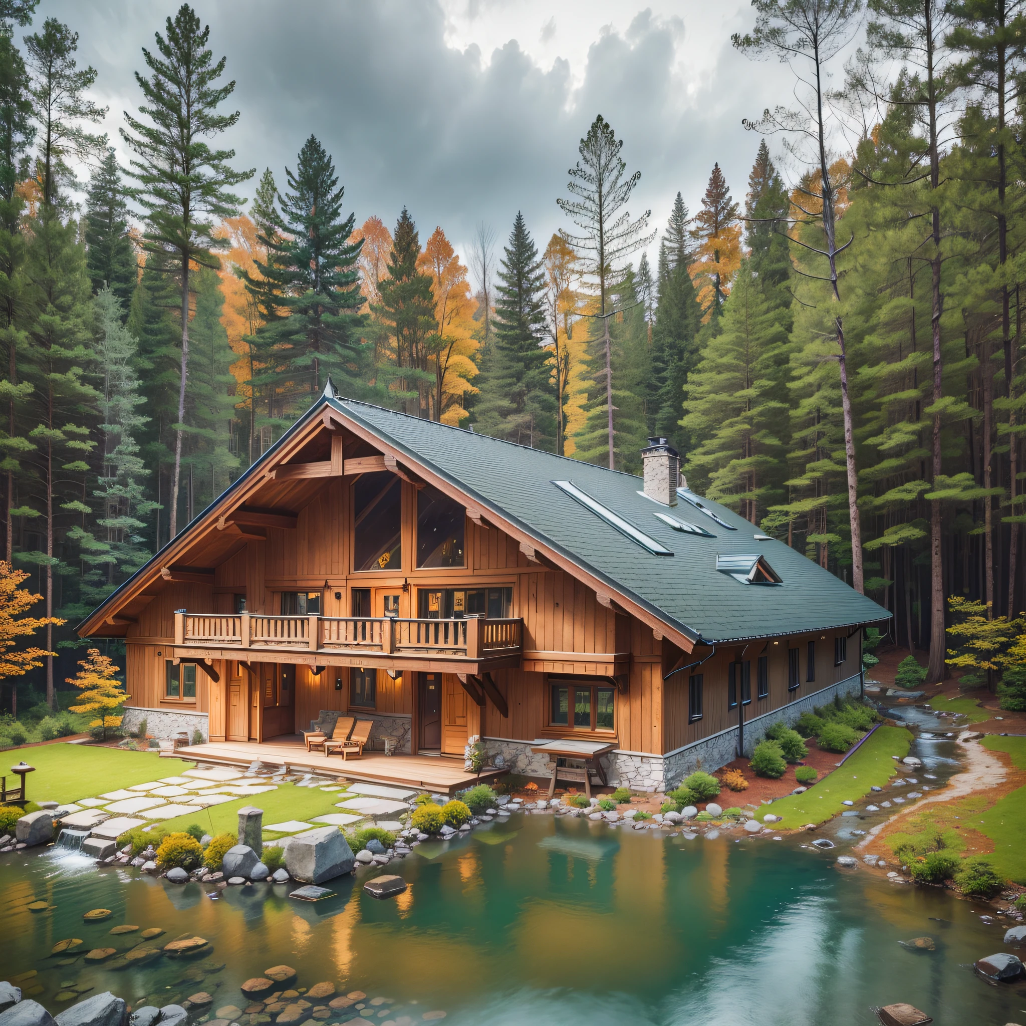 Chalet style house, wooden with stones, in the middle of the forest, with glass windows, stone fireplace, area with wooden deck, rainy weather in autumn, drone view, 16mm f1.4 lens, surrounded by trees and a small stream with a wooden bridge --auto --s2