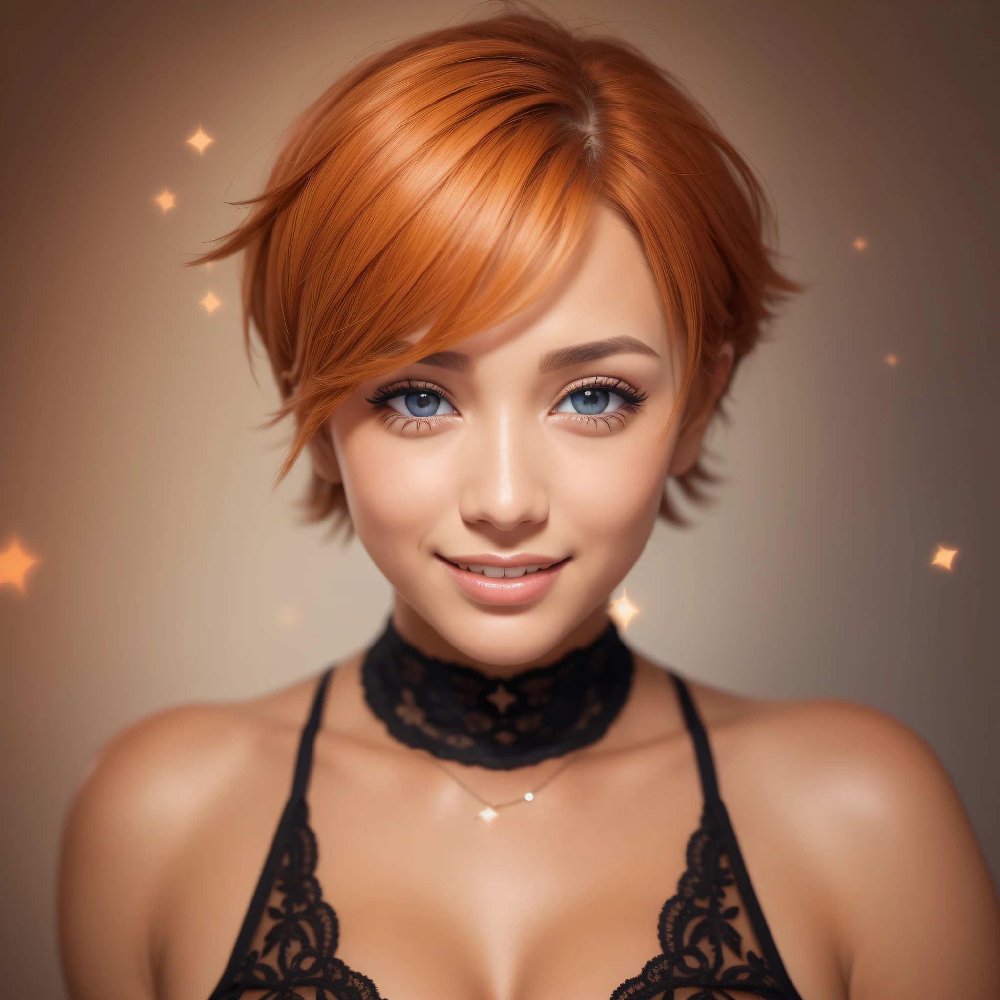 close-up, face of a beautiful woman, orange sparkling eyes iris, messy short hair, smiling happily