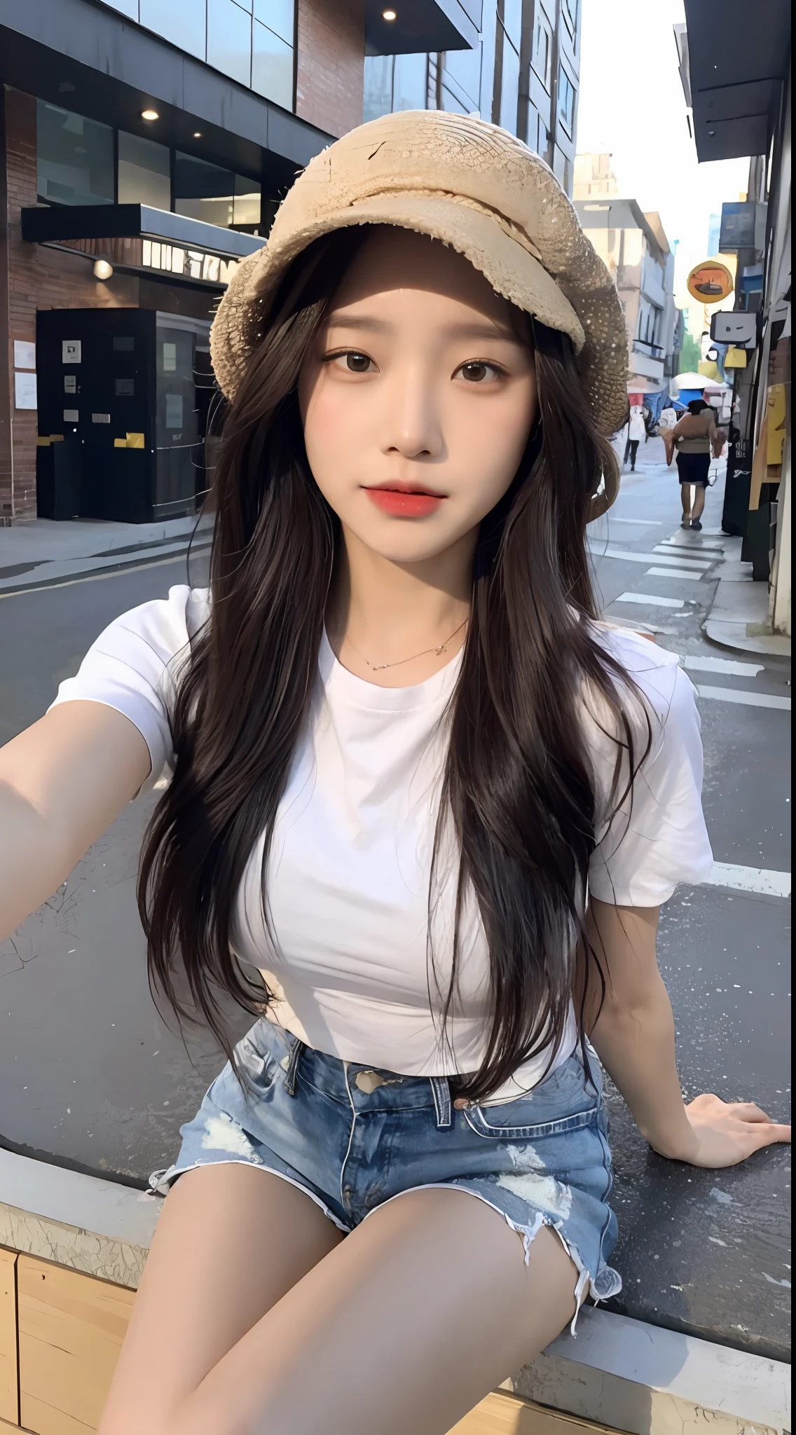 ((Best Quality, 8K, Masterpiece: 1.3)), (Fisherman's Hat: 1.3), Focus: 1.2, Perfect Body Beauty: 1.4, Buttocks: 1.2, (Layered Haircut: 1.2)), (Dark Street: 1.3), Highly Detailed Face and Skin Texture, Fine Eyes, Double Eyelids, Whitened Skin, Long Hair, (Round Face: 1.5), (Short Sleeves, Shorts: 1.6)