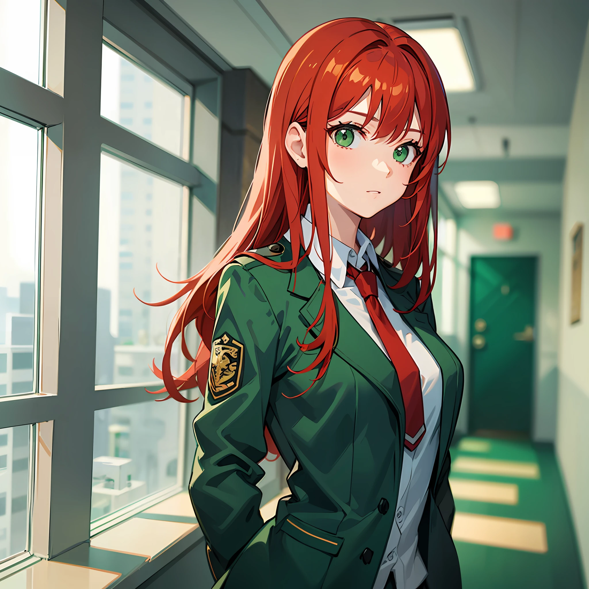A woman, red hair, green eyes, green school uniform, inside the school, defined body