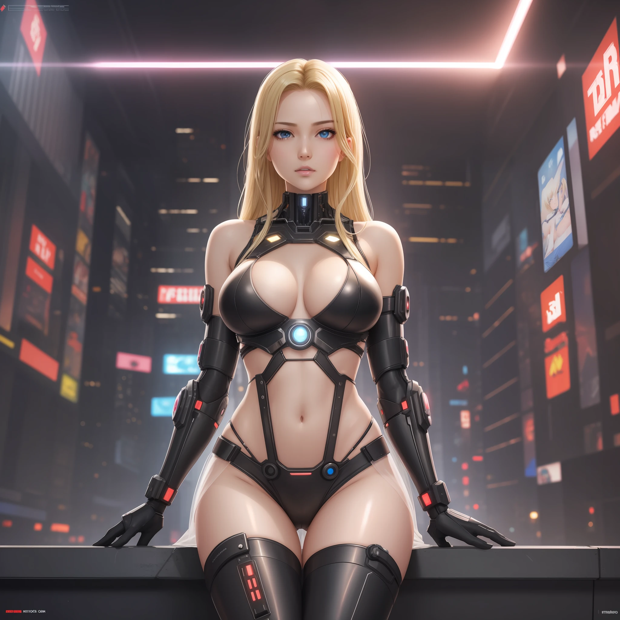 Realistic Ultra Detailed, Detail Beautiful Round Eyes, Beautiful Detail Face, (Beautiful Detail), High Quality, High Resolution Cyberpunk Ray Tracing, Cyborg Girl Wearing Sexy, Big Breasts with Slim Figure, Transparent Dress, Perfect As, Perfect Face, Sexy Body, Blonde Hair, Micro Open Lips, Thighs, Sexy Stockings, Moist Eyes, Vivid Expressions, Leaking Thighs and Feet, Bare Shoulders, Bared Navel