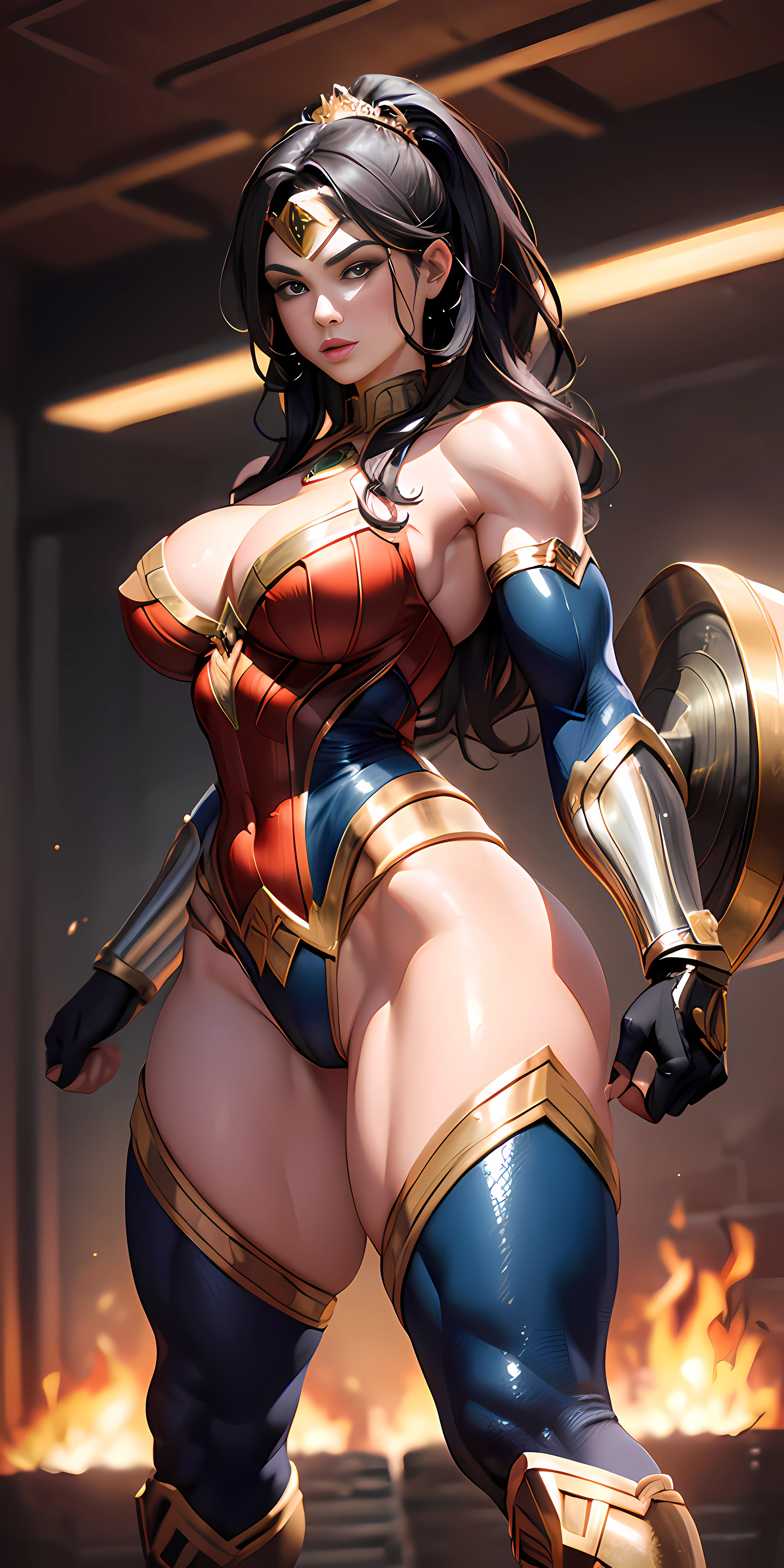 (Sexy Wonder Woman outfit: 1.6), (Black suit: 1.1), ((highest quality)), ((Masterpiece)), (detail), training room background with ultra muscular warriors in the background, (high resolution: 1.3) 1girl's photo, (Black outfit: 1.1), bodybuilder dressed as Wonder Woman, ((intricate details, makeup), (beautiful face, perfectly proportioned face), high detail skin, thick skin, better proportions four fingers and one thumb,  strong and realistic light violet eyes, realistic black hair, lips, makeup, natural skin texture, tiara, bullet-resistant cuffs, slightly sunburned skin tone, massive, sexy, elastic muscles (muscles: 2.5), ((strong and healthy body)), ((more) muscles))), long legs, curves, thick and very muscular thighs, wide buttocks, thick legs, (large breasts:  1.99), slim waist, soft waist, (detailed skin), (shiny skin), (beautiful and sexy woman), (swollen lips: 0.9), (eyelashes: 1.2), scary muscle size with big veins), excited, very detailed, full head, full body, whole legs, full arm (highly detailed CG integration, 8k wallpaper), high detail, realistic, sharp focus, cinematic, in a Viking training center, at night lit with torches, --auto --s2