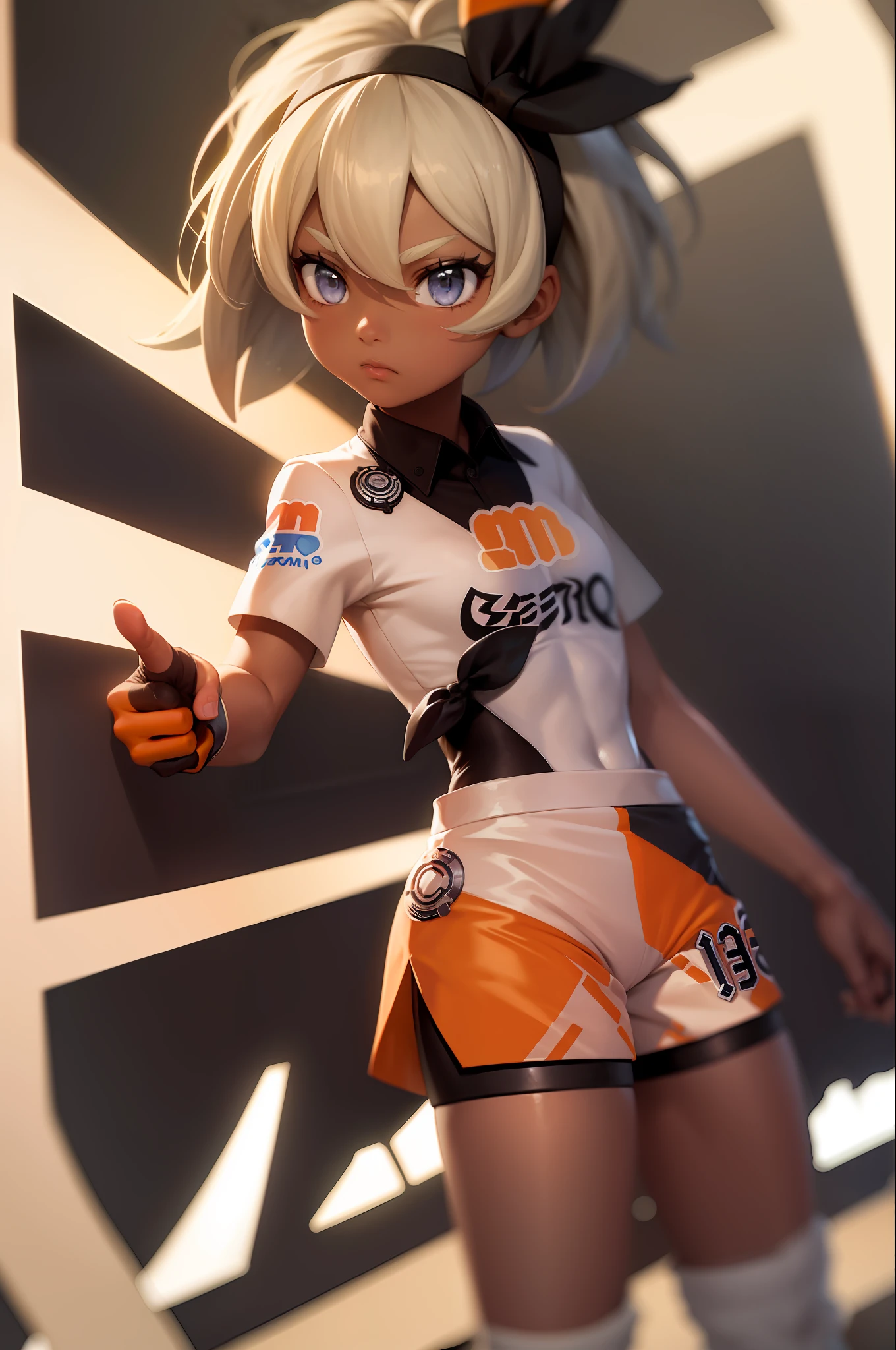 (masterpiece, best quality:1.2), cowboy shot, solo, 1girl, bea \(pokemon\), dark skin, dark-skinned female, expressionless, looking at viewer, hairband, collared shirt, bodysuit under clothes, print shorts, (single glove:1.1)
