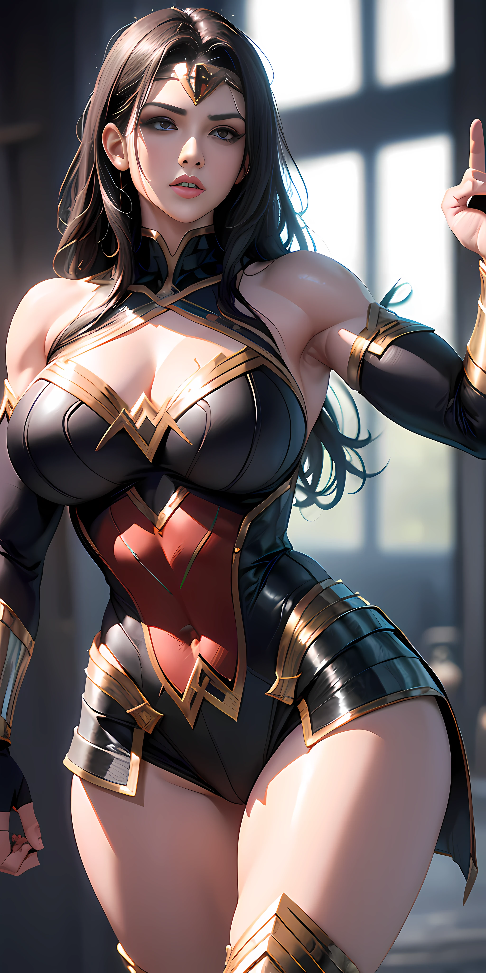 (Sexy Wonder Woman outfit: 1.6), (Black suit: 1.1), ((highest quality)), ((Masterpiece)), (detail), training room background with ultra muscular warriors in the background, (high resolution: 1.3) 1girl's photo, (Black outfit: 1.1), bodybuilder dressed as Wonder Woman, ((intricate details, makeup), (beautiful face, perfectly proportioned face), high detail skin, thick skin, better proportions four fingers and one thumb,  strong and realistic light violet eyes, realistic black hair, lips, makeup, natural skin texture, tiara, bullet-resistant cuffs, slightly sunburned skin tone, massive, sexy, elastic muscles (muscles: 2.5), ((strong and healthy body)), ((more) muscles))), long legs, curves, thick and very muscular thighs, wide buttocks, thick legs, (large breasts:  1.99), slim waist, soft waist, (detailed skin), (shiny skin), (beautiful and sexy woman), (swollen lips: 0.9), (eyelashes: 1.2), scary muscle size with big veins), excited, very detailed, full head, full body, whole legs, full arm (highly detailed CG integration, 8k wallpaper), high detail, realistic, sharp focus, cinematic, in a Viking training center, at night lit with torches, --auto --s2