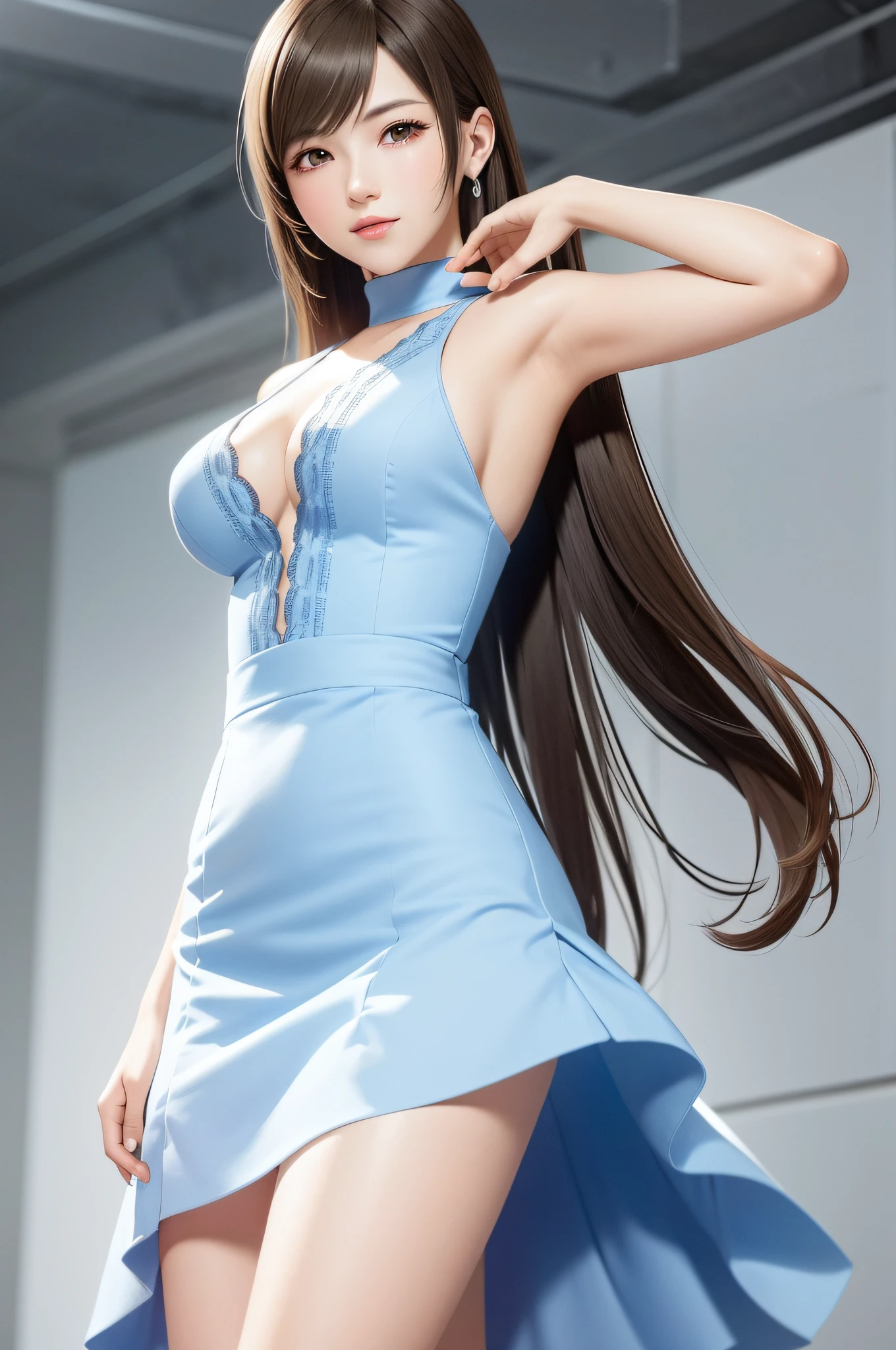 (Top Quality, Masterpiece: 1.1), (Real: 1.4), BREAK (((FF7))) (((Tifa))),solo,1girl,face focus:1.2,looking back:1.2,looking up:1.1, BREAK ((Light Brown Hair, Large : 1.2)),(nightclub), BREAK (lace-trimmed dress:1.5, sleeveless dress, light blue clothes, light blue high-neck dress:1.2, blue dress: 1.5),(No Bra) (Small and beautiful hard nipple)hed,(shiny oiled skin: 1.4), about 18 years old,