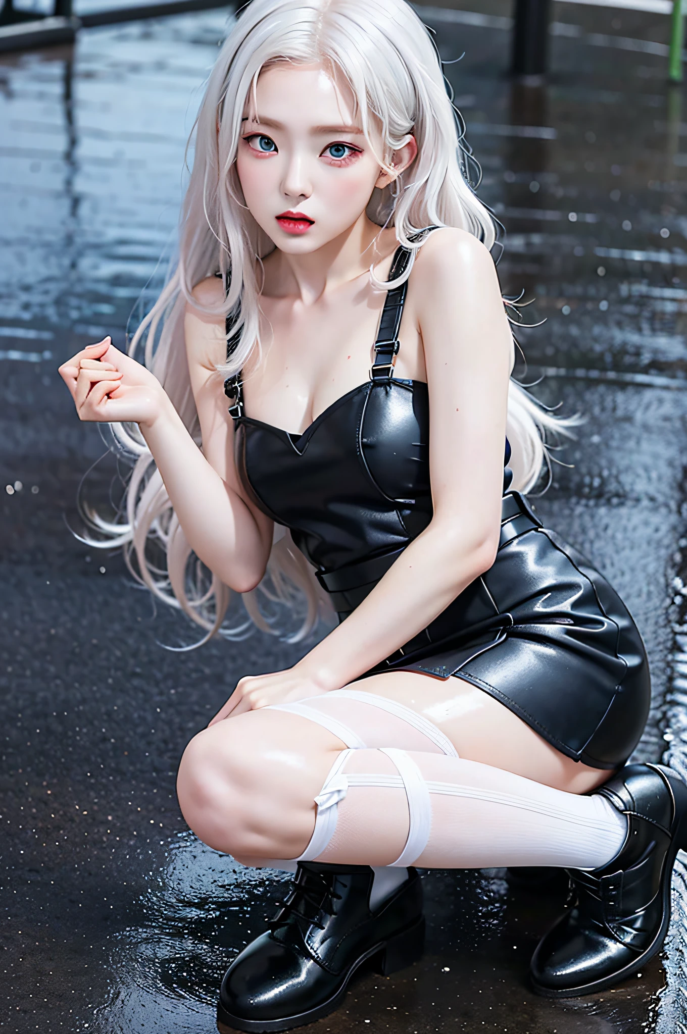 1 girl, anime style, kneeling, transparent suspender stockings, leg straps, short skirt, (long white hair), blue eyes, rain-soaked top, rainy day, heartache expression