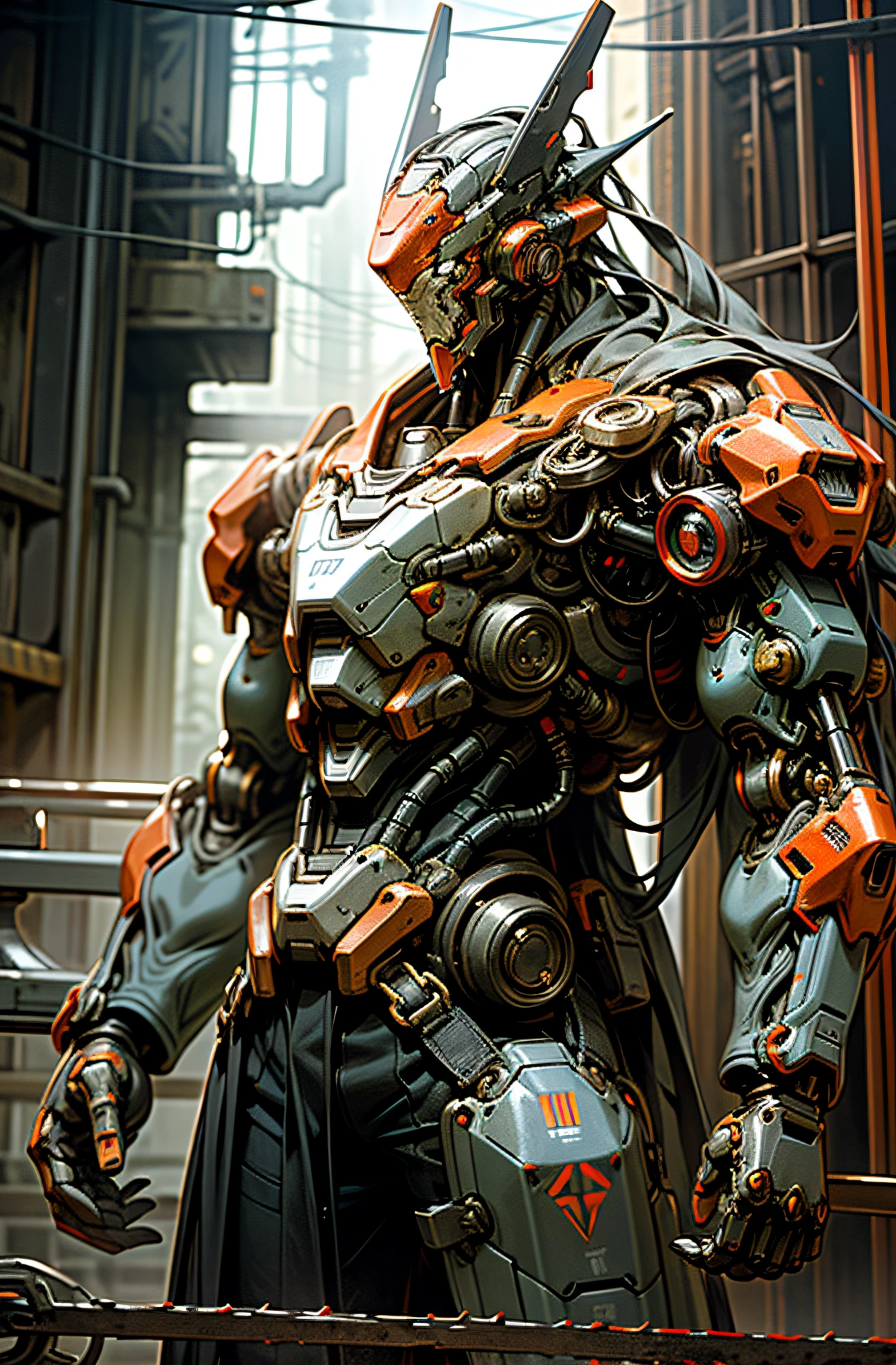 Dark_Fantasy,Cyberpunk,(chain saw,chain saw man,Red:1.1),1man,Mechanical marvel,Robotic presence,Cybernetic guardian, wearing a worn-out mech suit, intricate, (steel metal [rusty]), elegant, clear focus, shot by greg rutkowski, soft lighting, vibrant colors, masterpiece, ((street)), cowboy shot, dynamic pose,