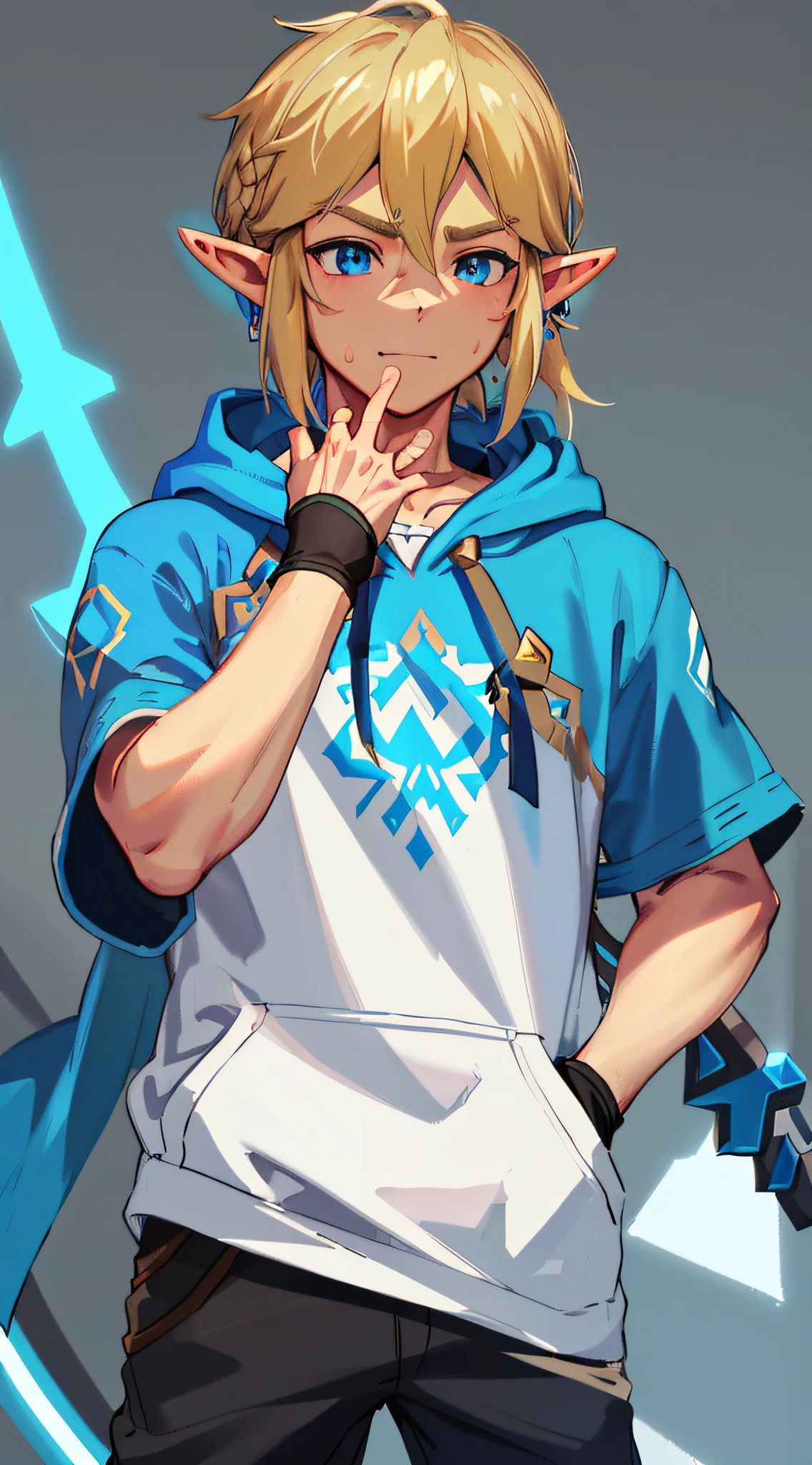 ((highest quality, masterpiece, 4k, finely detailed, detailed eyes, detailed face, gelbooru, pixiv)), warm lighting, ((solo)), 1 male, handsome, masculine, young boy, broad shoulders, closeup of face, portrait, slight blush on cheeks, smiling, looking at viewer, ((sharp eyes, deep blue eye color)), ((elf ears)), wearing modern clothing, light blue hoodie with a logo of the Triforce, sweatpants, standing, hands in pockets, ((dark blond hair, hairstyle from Link in Breath of The Wild))