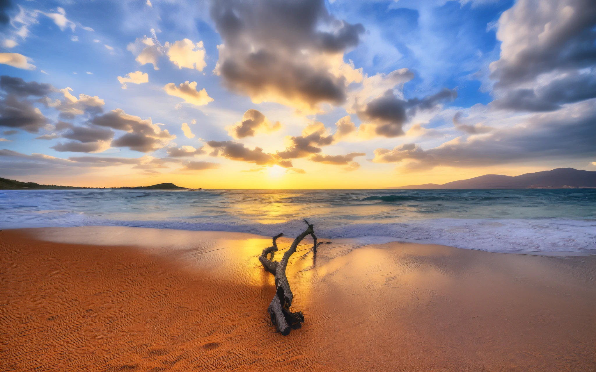Alafard branches on beach, sun setting in background, Hawaiian beach, breathtaking composition, Maui, breathtakingly beautiful beach, featured photo today 8K, driftwood, tranquil beach setting, breathtaking shots, sunrise light, warm glow, golden hour", sunset on the beach, morning light, serene scene, soft glow, HDR photography